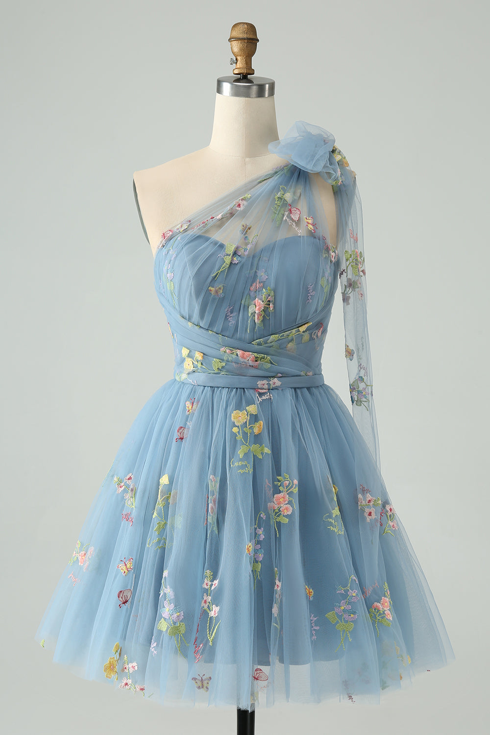 Zapakasa Women Grey Blue Homecoming Dress with Floral Embroidery A Line One Shoulder Tulle Short Prom Dress
