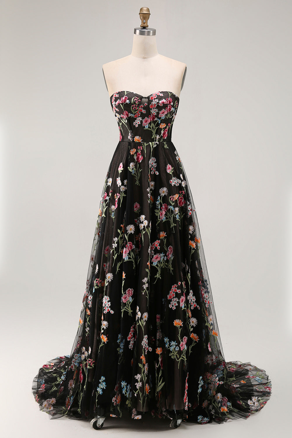 Black Strapless Floral A Line Long Prom Dress