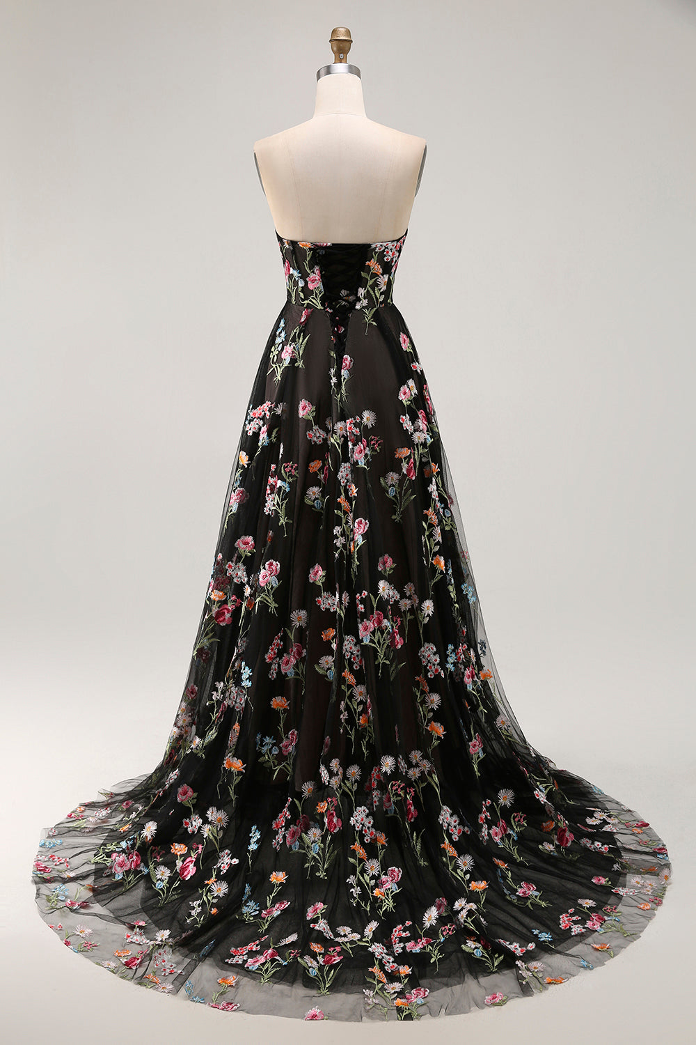 Black Strapless Floral A Line Long Prom Dress