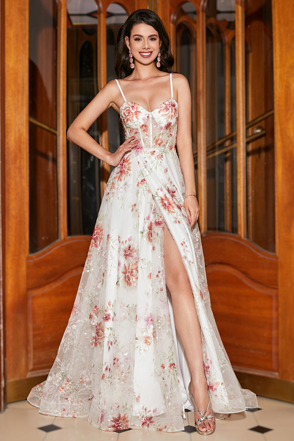 Ivory Flower Embroidered Long Corset Prom Dress with Slit Spaghetti Straps Party Dress