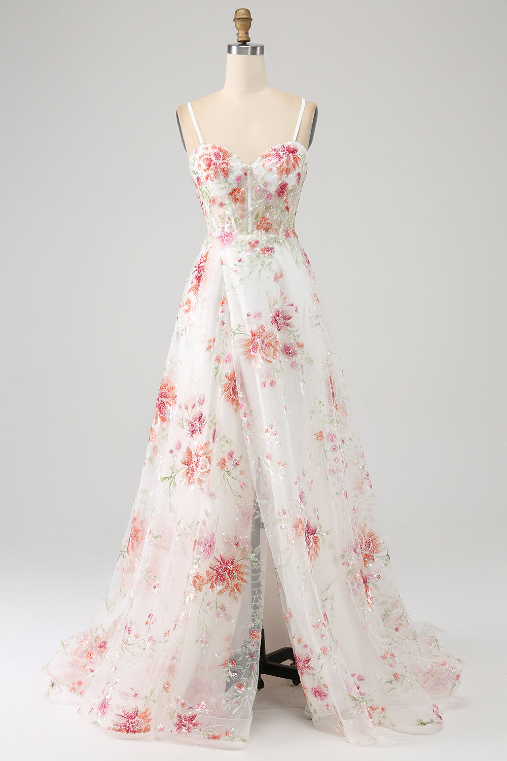 Ivory Flower Embroidered Long Corset Prom Dress with Slit Spaghetti Straps Party Dress
