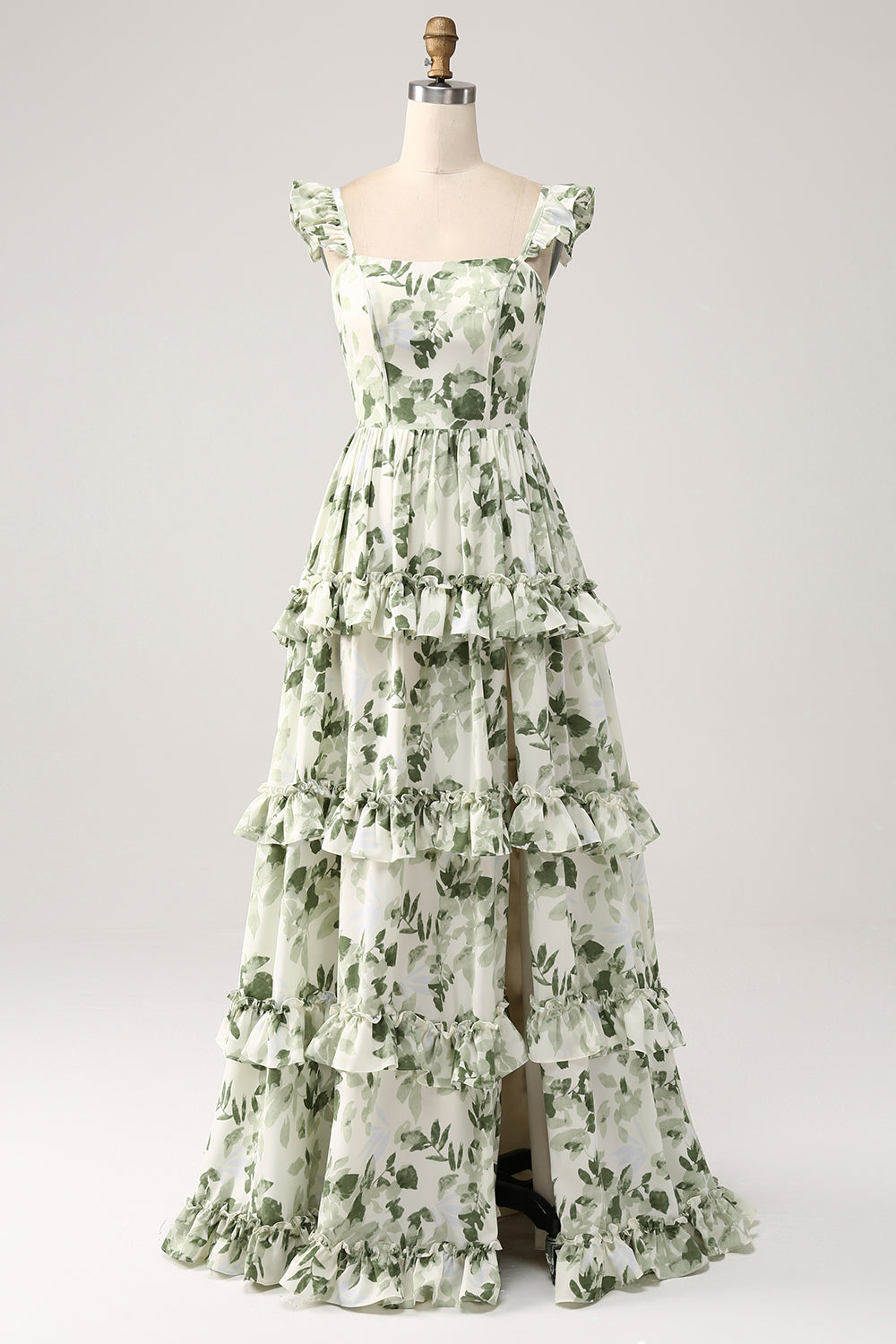 Ruffles Tiered Prom Dress with Slit Green Floral A Line Long Formal Dress