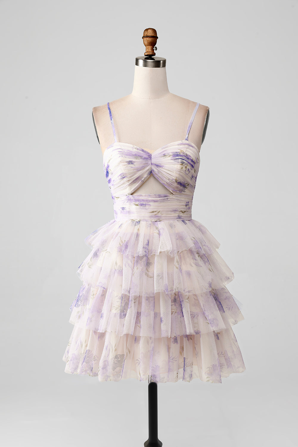 Lavender Flower A Line Spaghetti Straps Tiered Pleated Short Homecoming Dress - Fashionpara