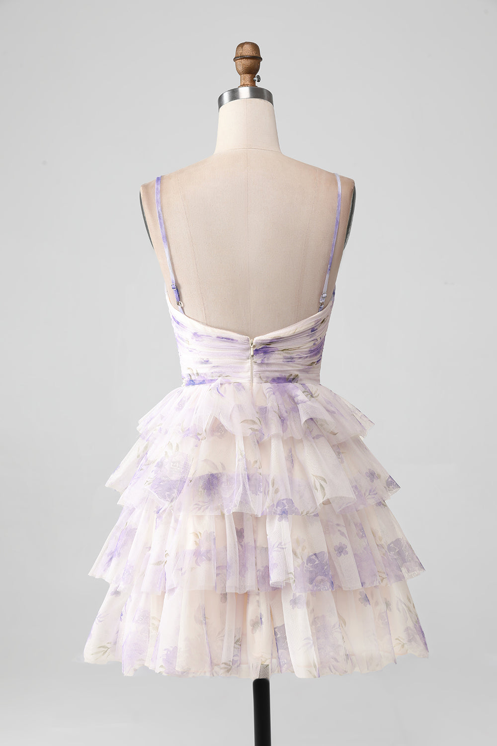 Lavender Flower A Line Spaghetti Straps Tiered Pleated Short Homecoming Dress - Fashionpara