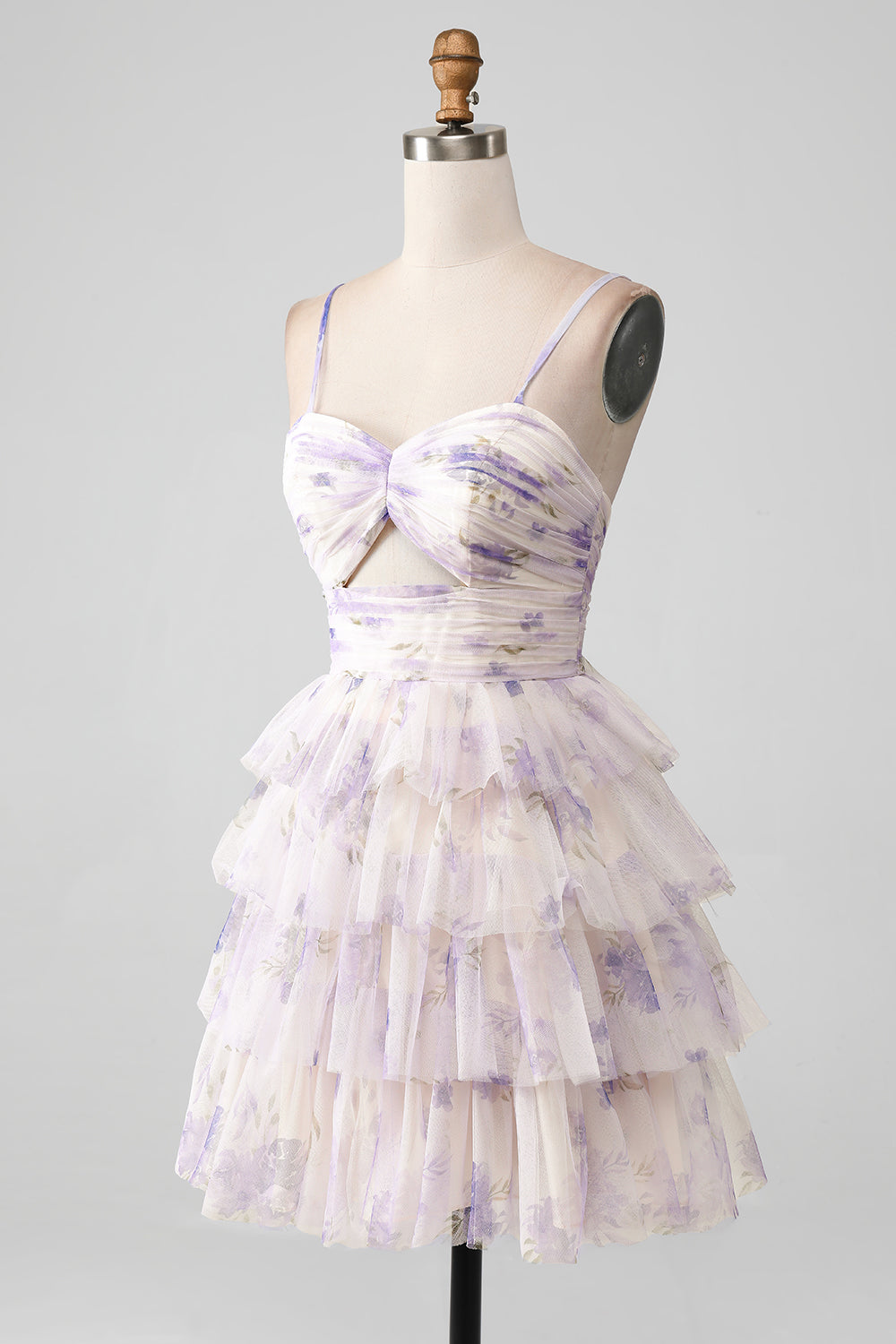 Lavender Flower A Line Spaghetti Straps Tiered Pleated Short Homecoming Dress - Fashionpara