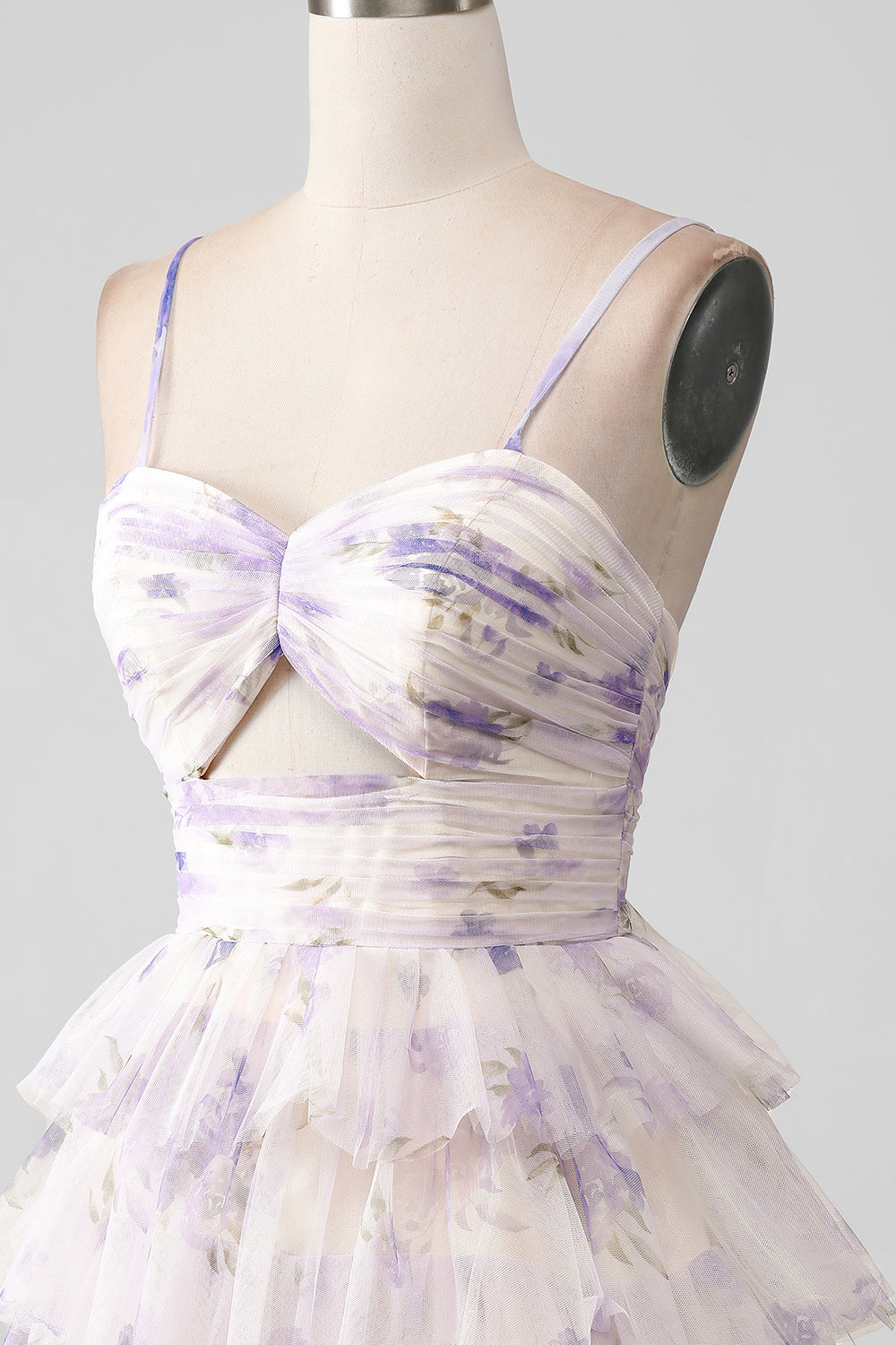 Lavender Flower A Line Spaghetti Straps Tiered Pleated Short Homecoming Dress - Fashionpara