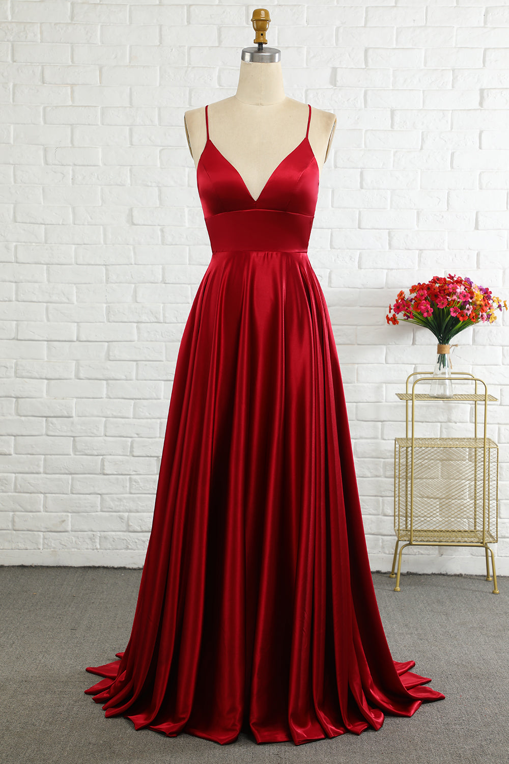Simple A Line Spaghetti Straps Burgundy Long Bridesmaid Dress with Cirss Cross Back - Fashionpara