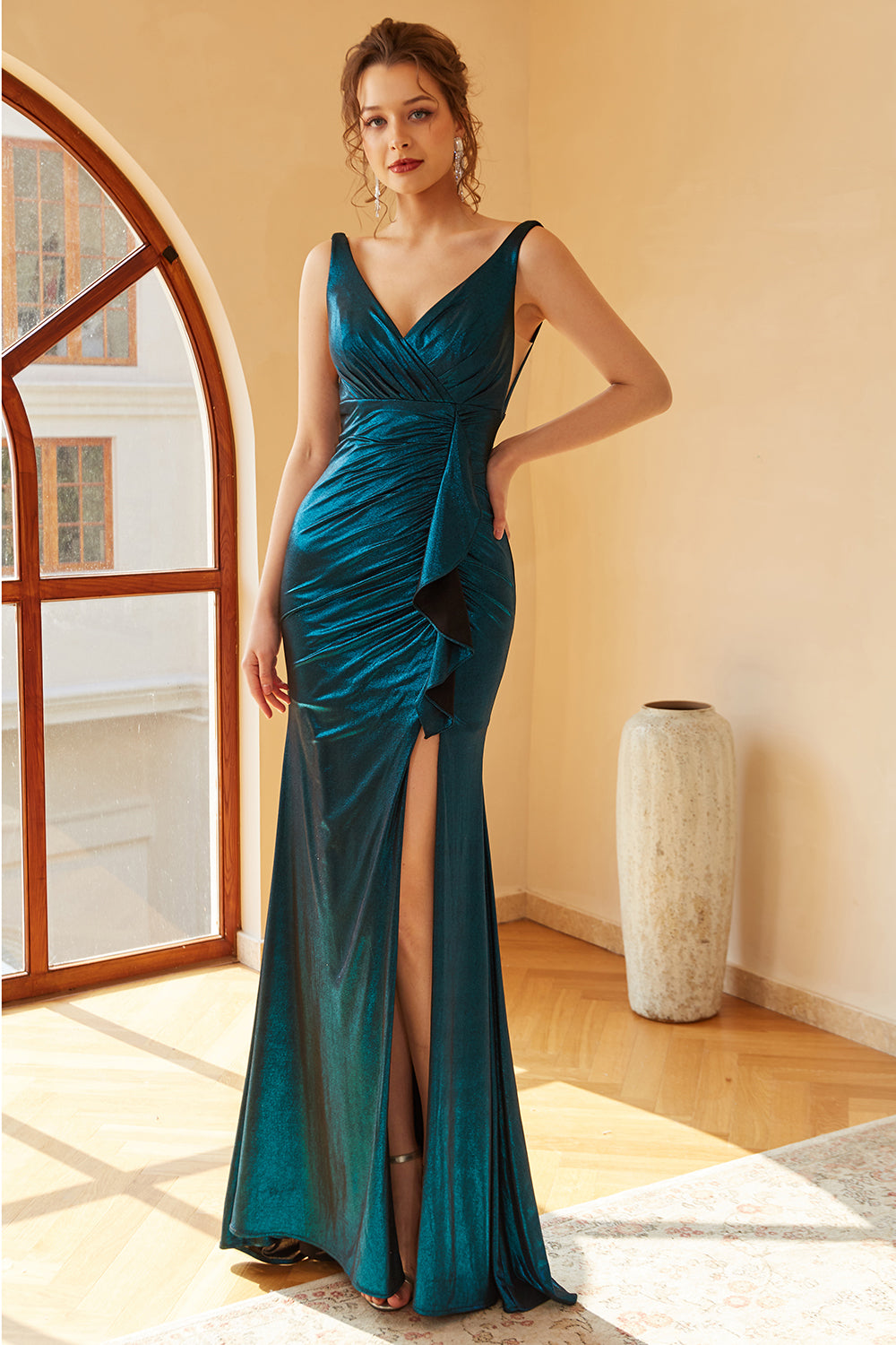 Peacock Blue Ruched Long Prom Dress - Fashionpara
