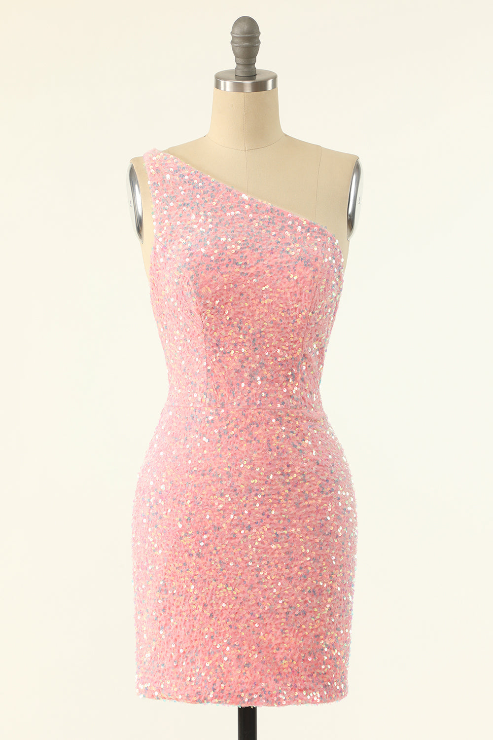 Pink One Shoulder Sequins Tight Homecoming Dress - Fashionpara