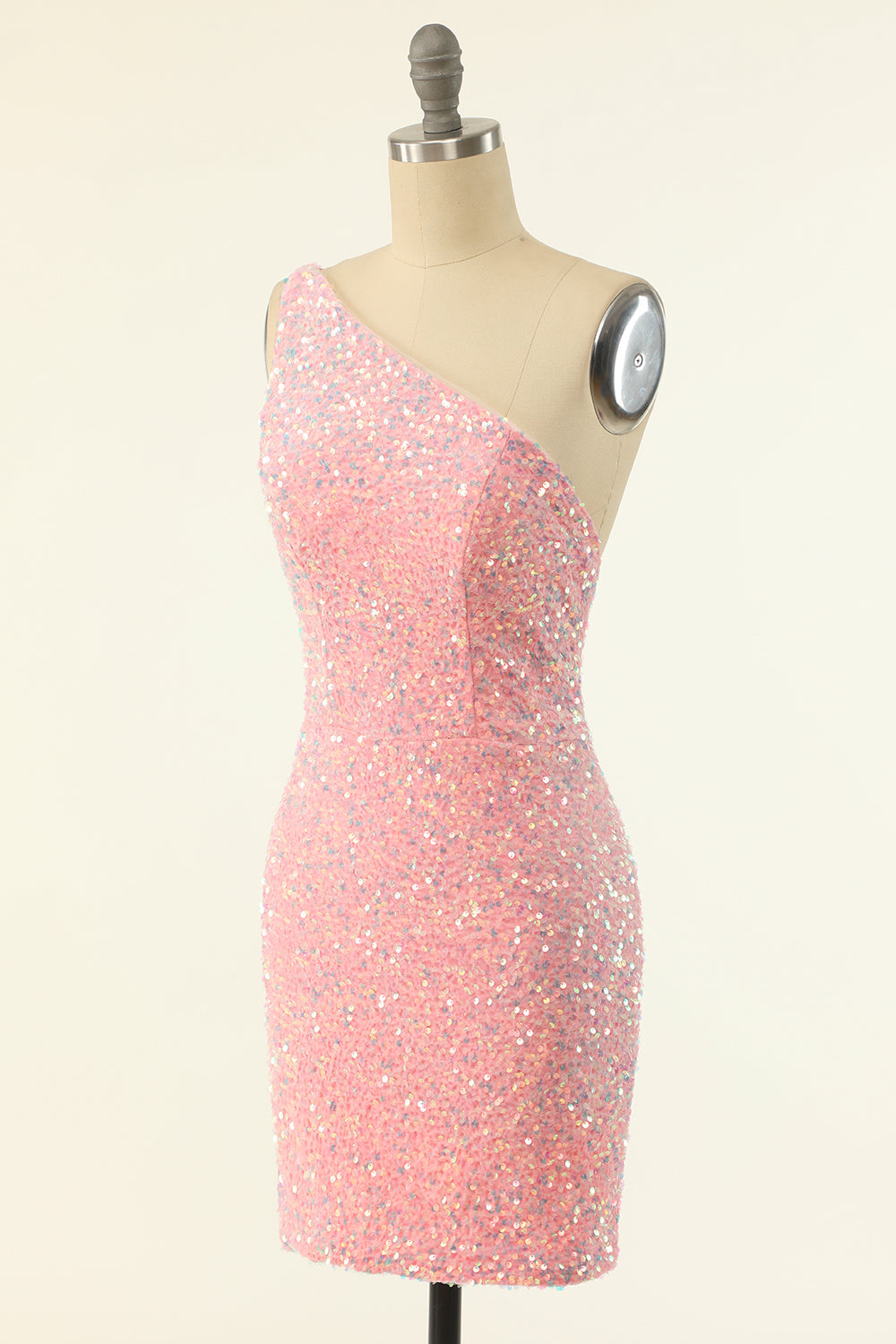 Pink One Shoulder Sequins Tight Homecoming Dress - Fashionpara