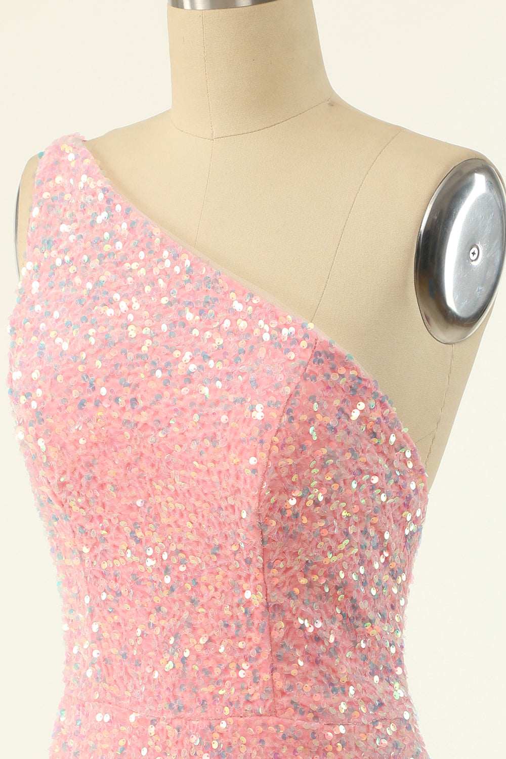 Pink One Shoulder Sequins Tight Homecoming Dress - Fashionpara