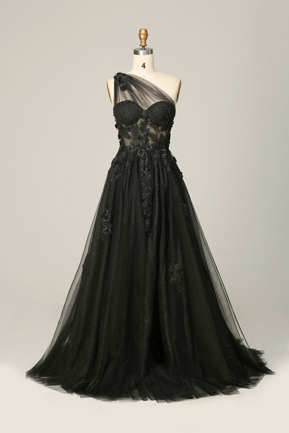 A Line One Shoulder Black Long Prom Dress with Appliques - Fashionpara
