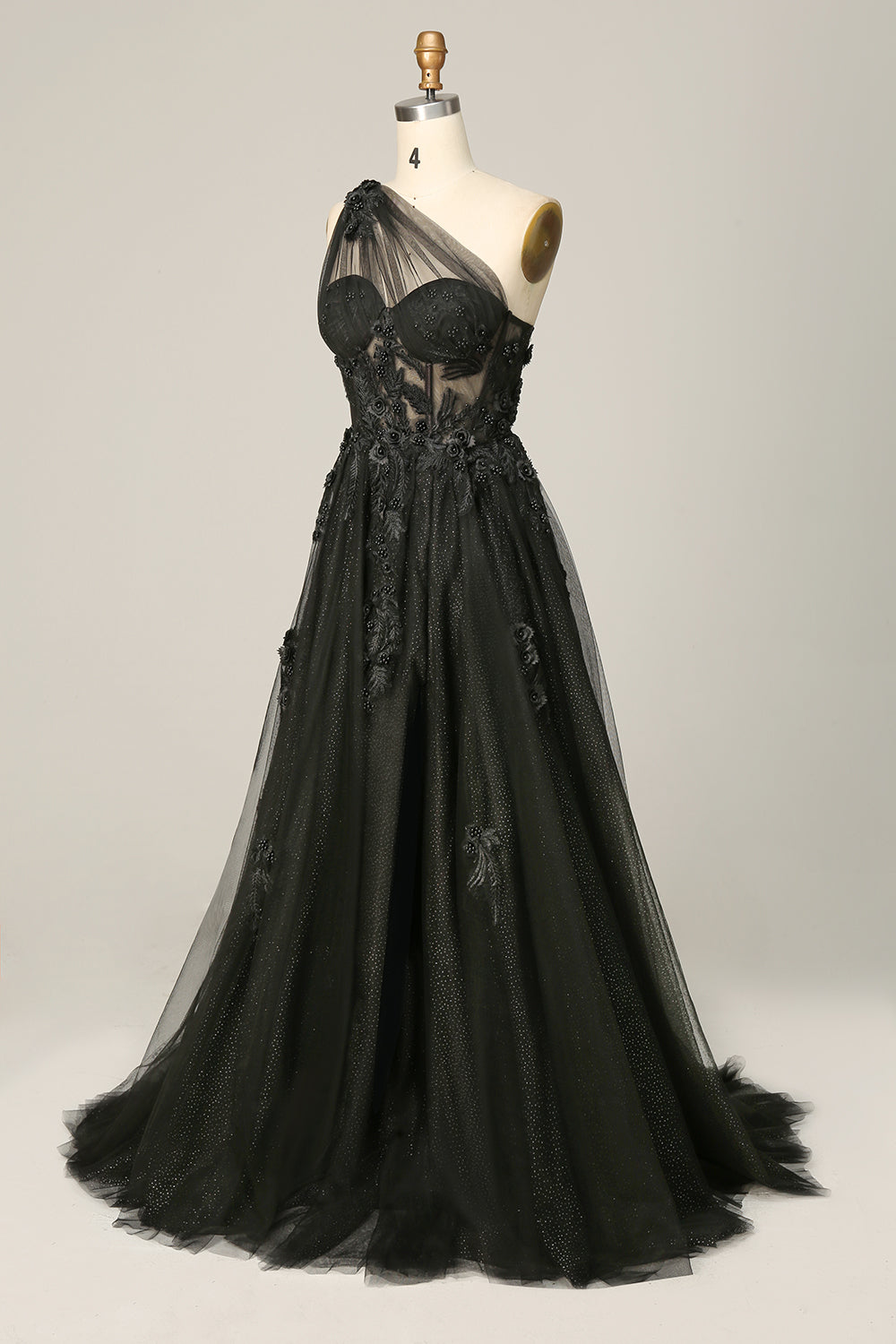 A Line One Shoulder Black Long Prom Dress with Appliques - Fashionpara