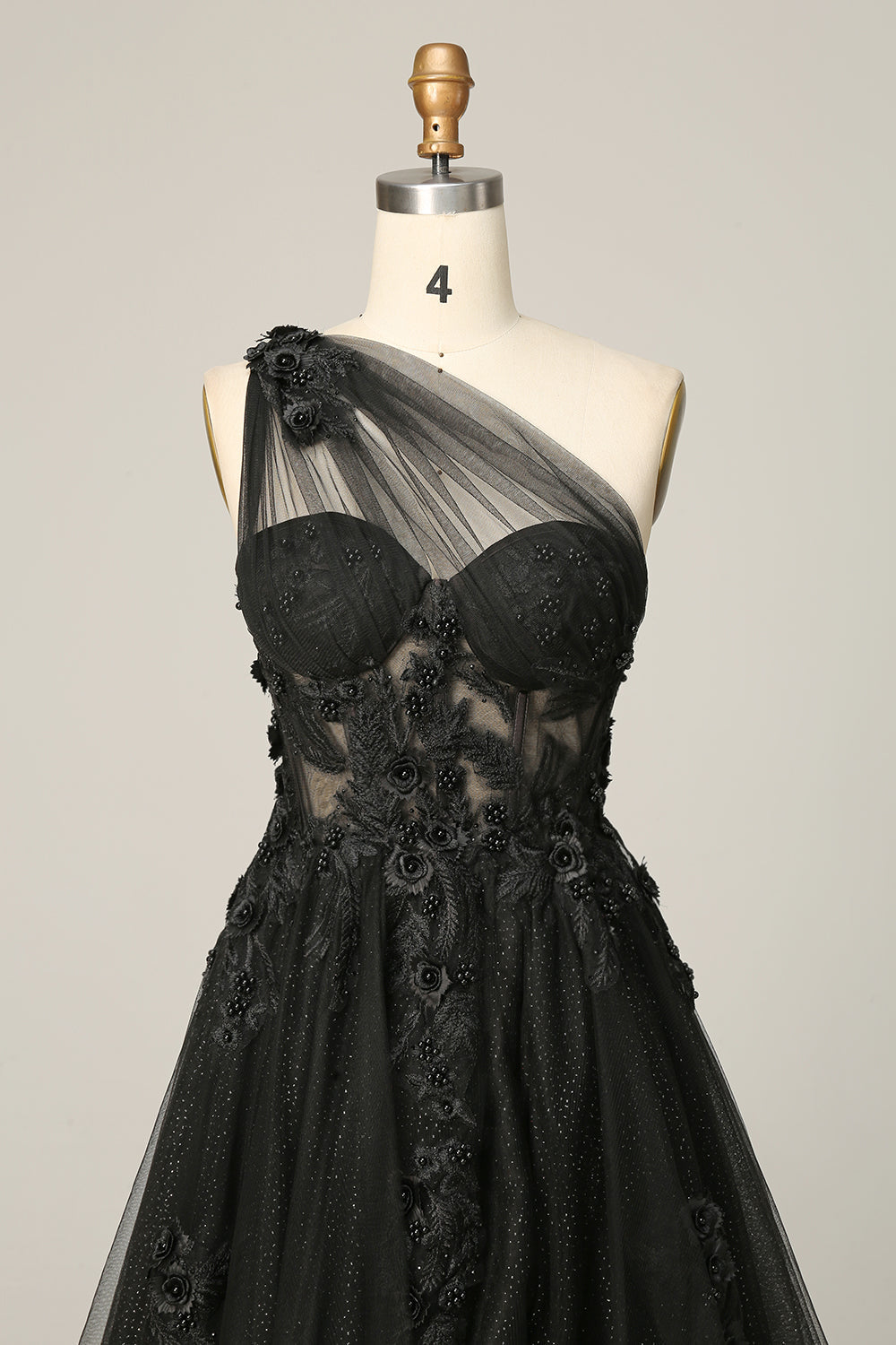 A Line One Shoulder Black Long Prom Dress with Appliques - Fashionpara