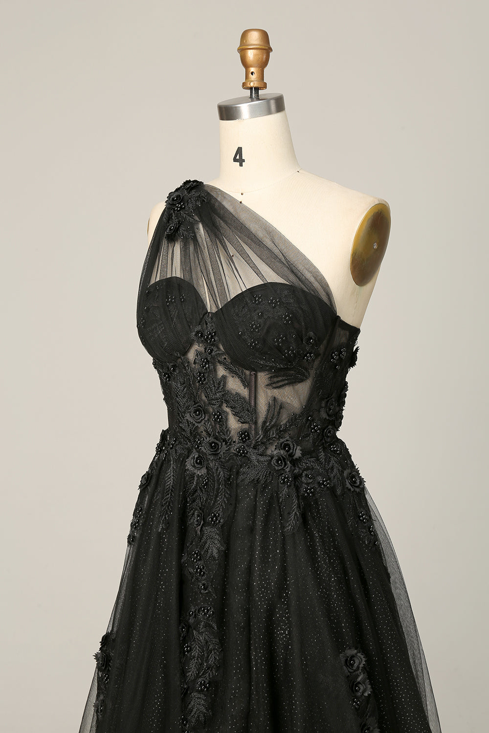 A Line One Shoulder Black Long Prom Dress with Appliques - Fashionpara