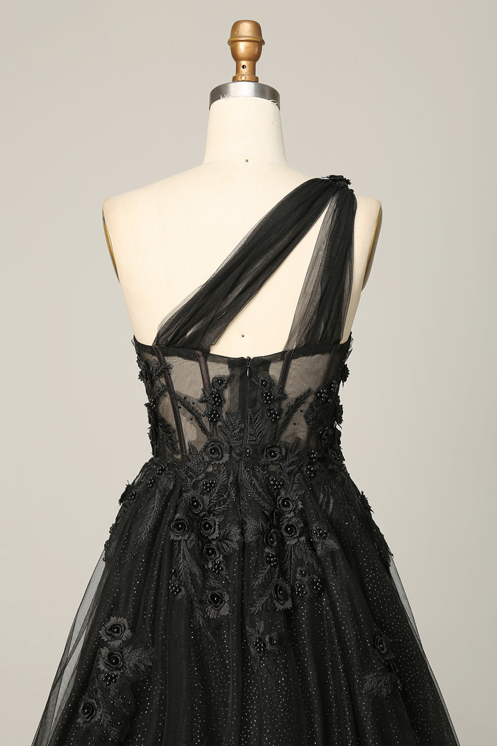 A Line One Shoulder Black Long Prom Dress with Appliques - Fashionpara
