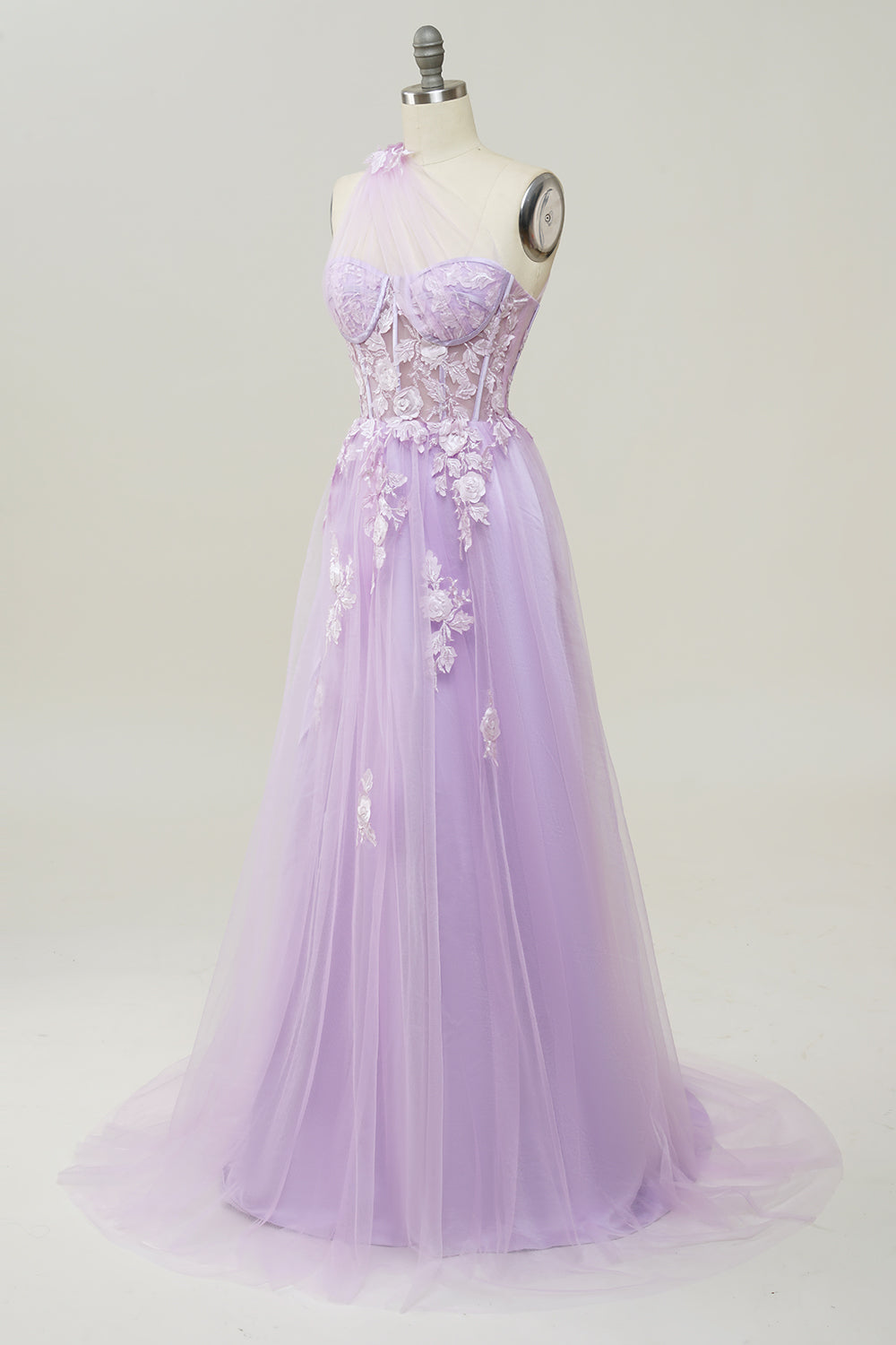 A Line One Shoulder Black Long Prom Dress with Appliques - Fashionpara