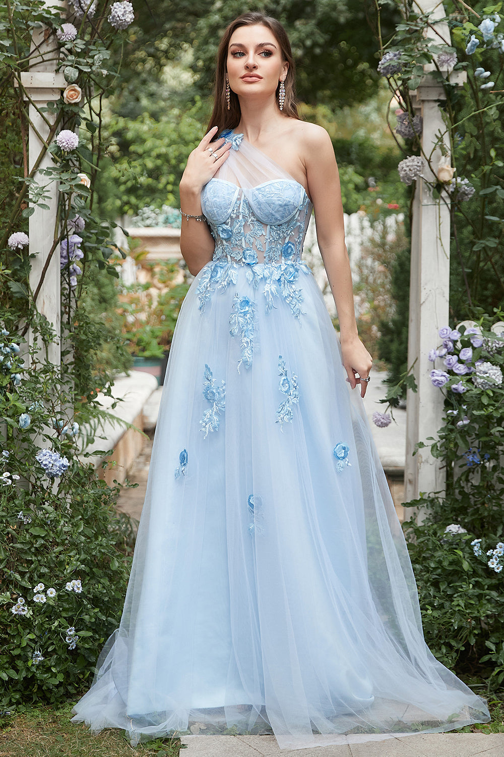 Sky Blue A Line One Shoulder Long Prom Dress with Appliques - Fashionpara