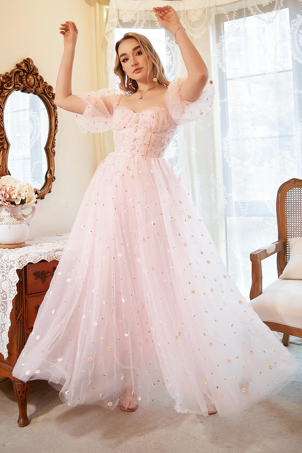 A Line Off the Shoulder Blush Plus Size Prom Dress with Embroidery - Fashionpara