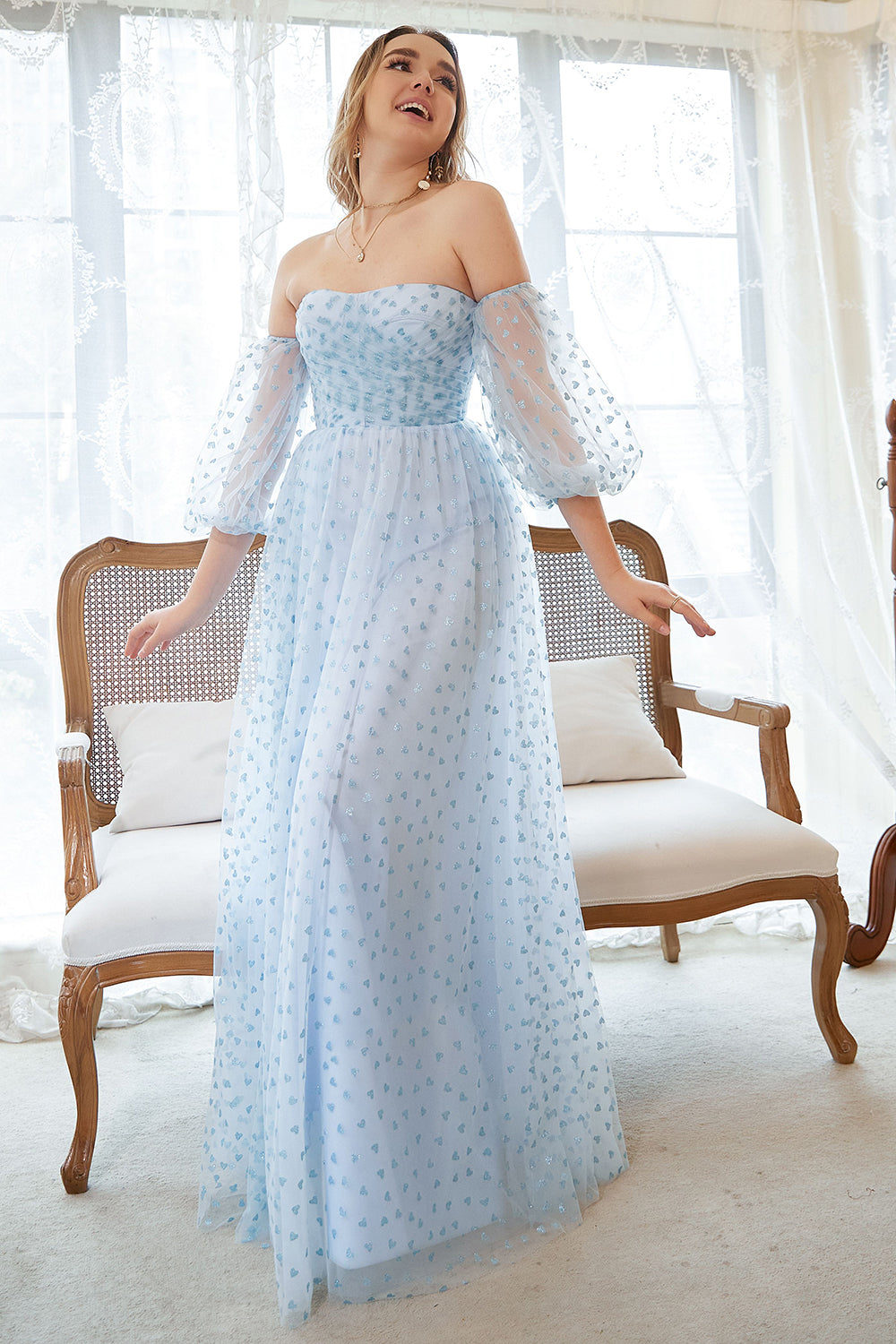 A Line Strapless Blue Printed Plus Size Prom Dress with Half Sleeves - Fashionpara