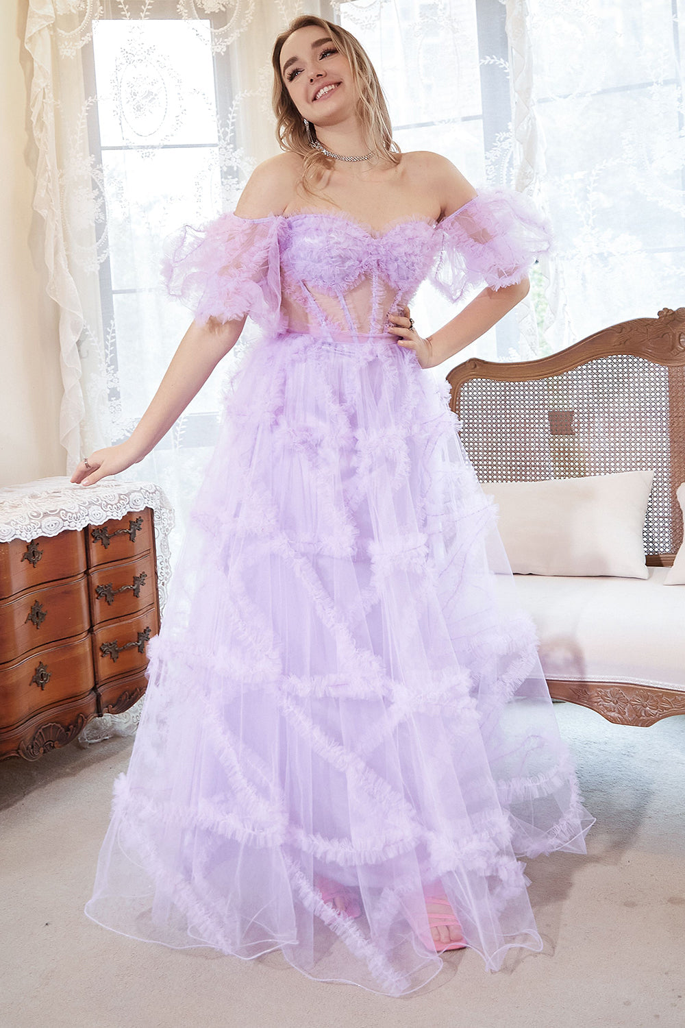 A Line Off the Shoulder Purple Corset Plus Size Prom Dress with Bowknot - Fashionpara