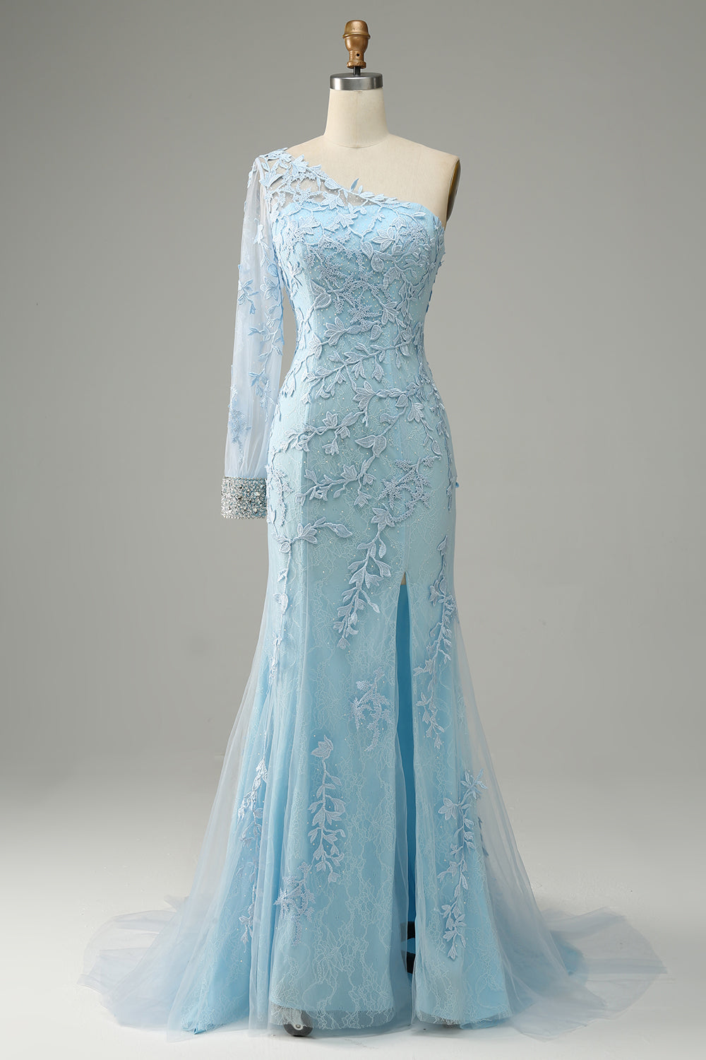 Sky Blue One Shoulder Mermaid Prom Dress With Appliques - Fashionpara