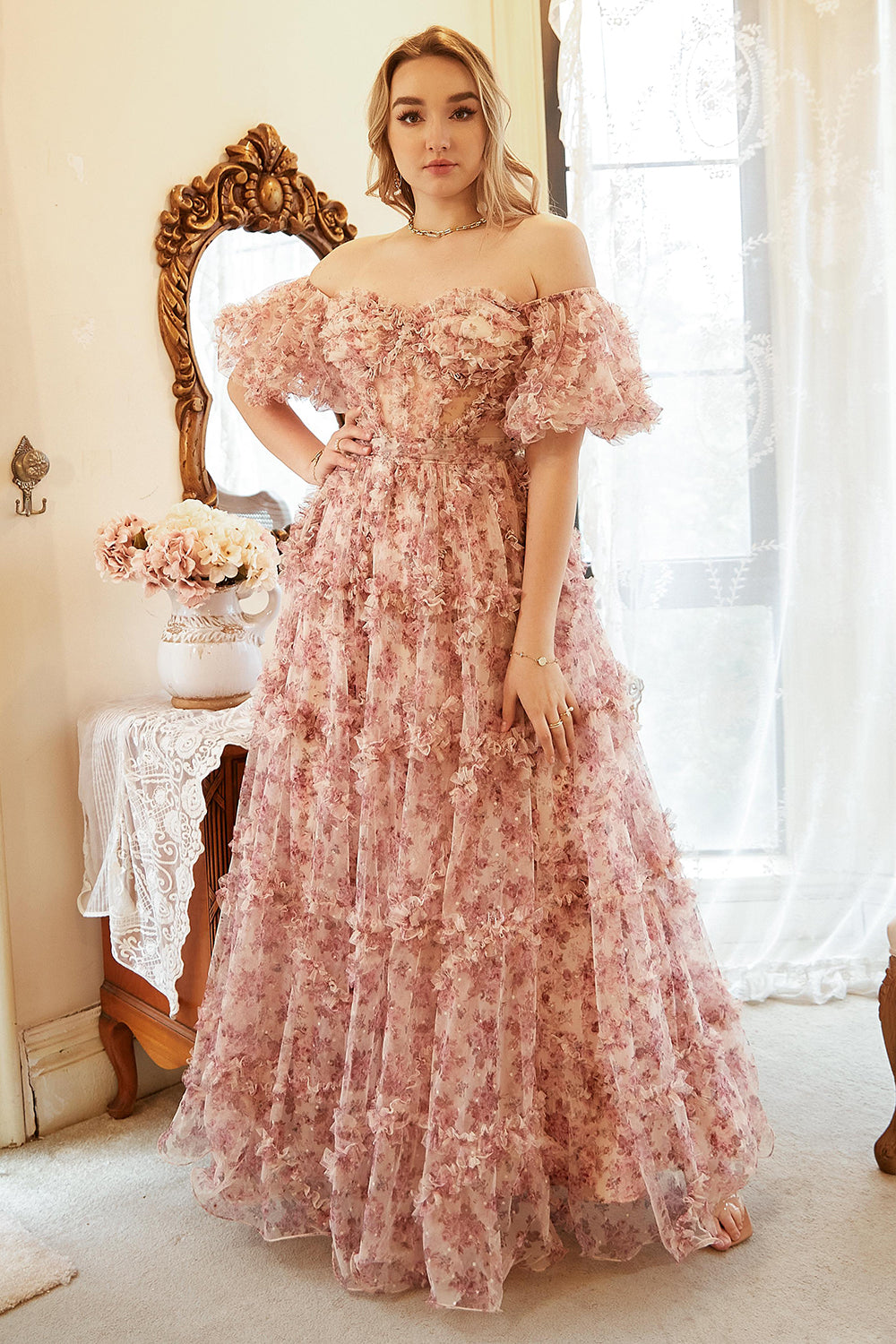A Line Off the Shoulder Ivory Red Flower Plus Size Prom Dress - Fashionpara
