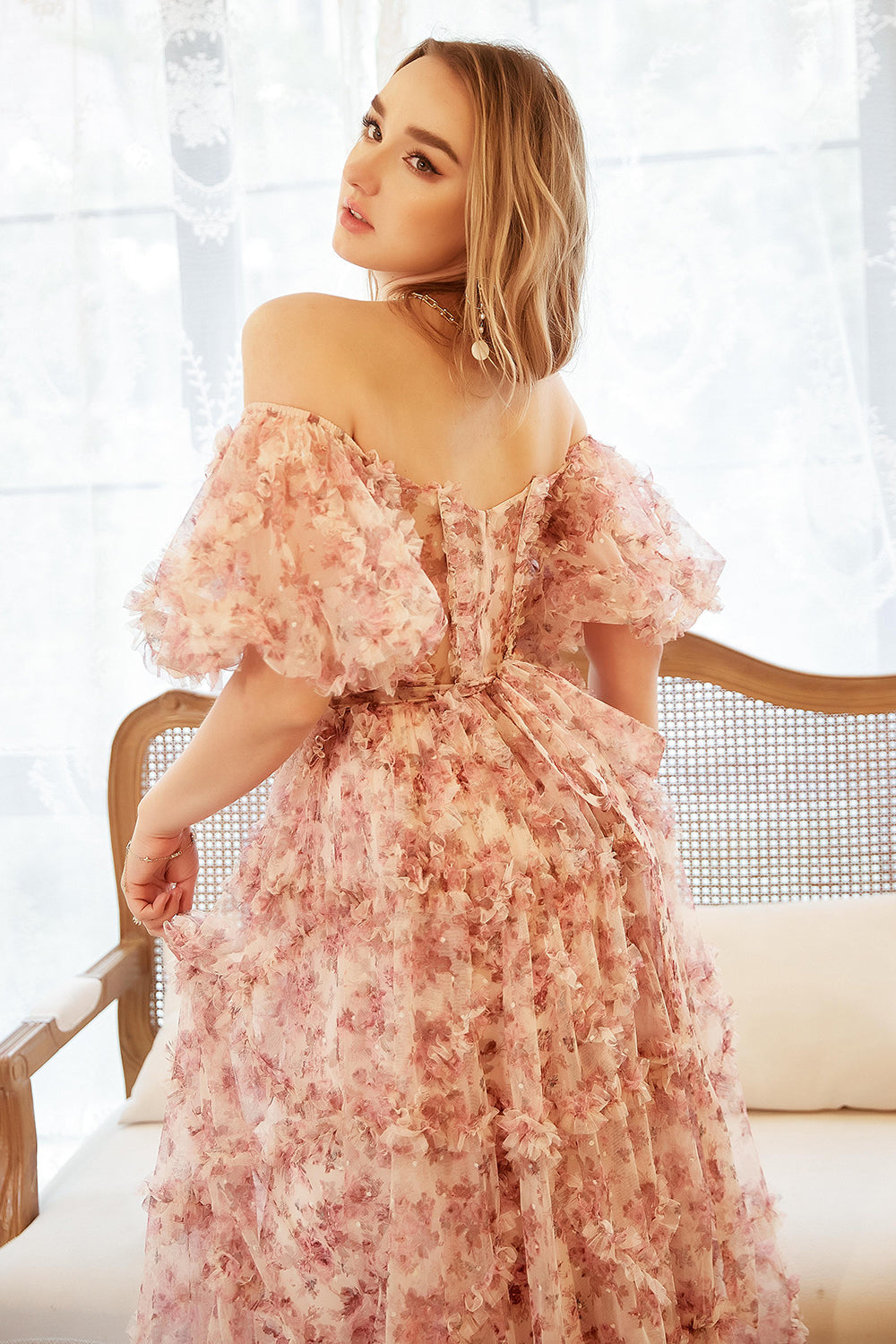 A Line Off the Shoulder Ivory Red Flower Plus Size Prom Dress - Fashionpara