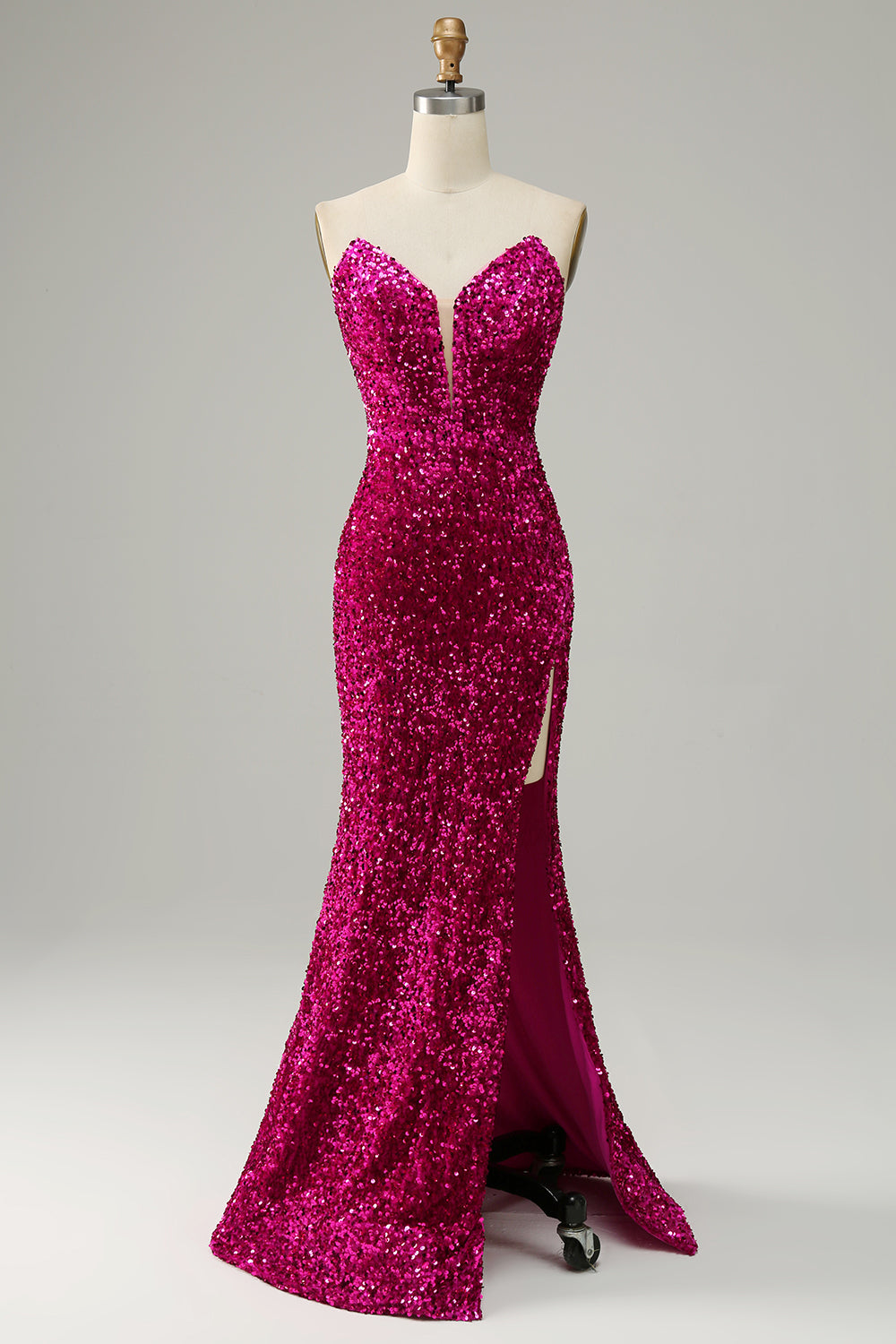 Hot Pink Strapless Sequin Prom Dress with Slit - Fashionpara