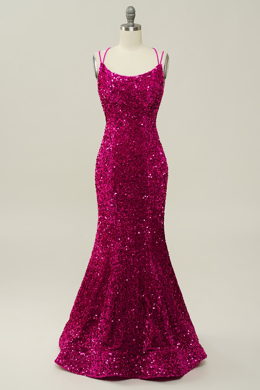 Hot Pink Sequin Spaghetti Straps Mermaid Prom Dress with Lace-up Back - Fashionpara