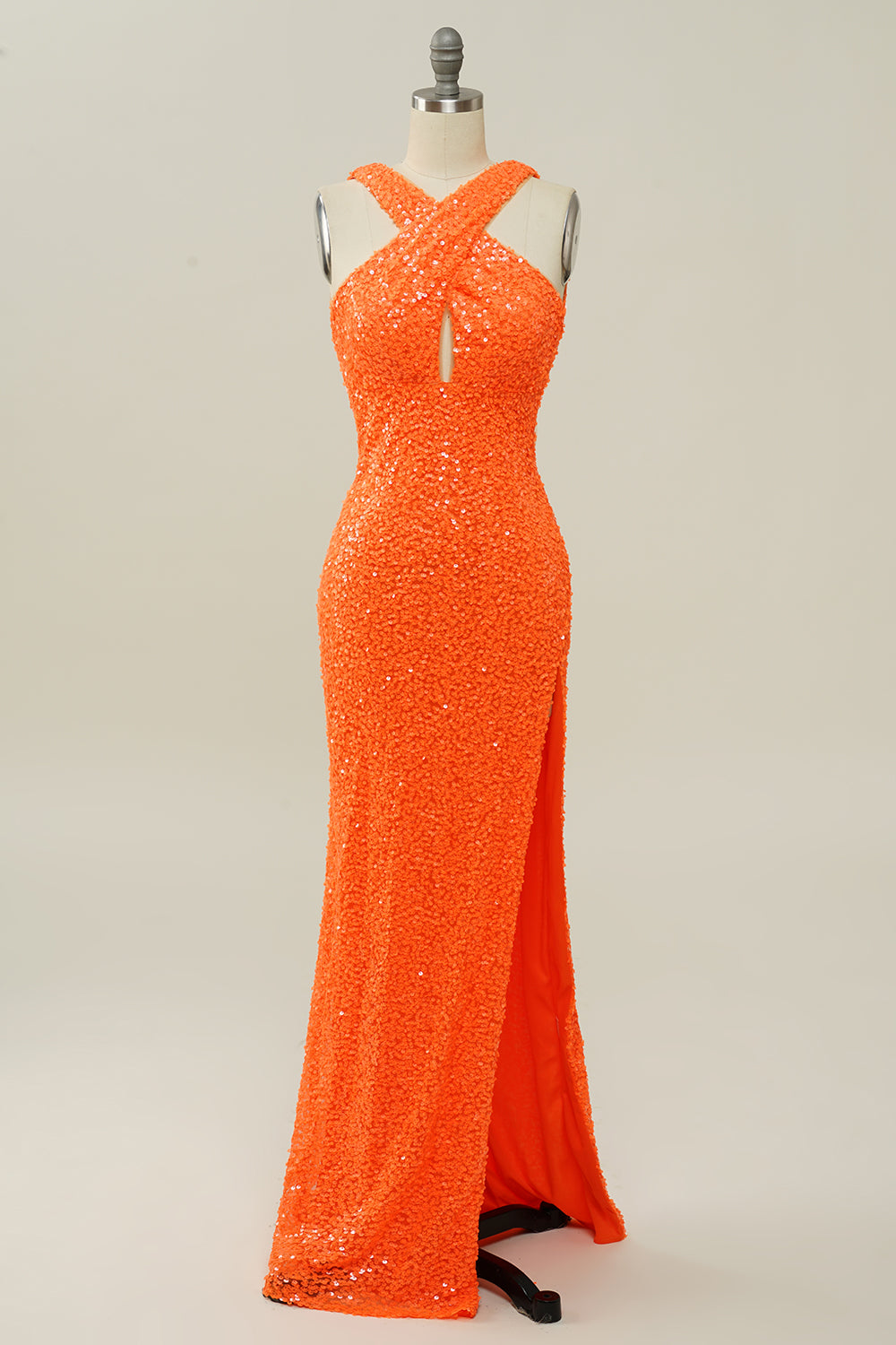 Orange Halter Sequined Backless Mermaid Prom Dress - Fashionpara