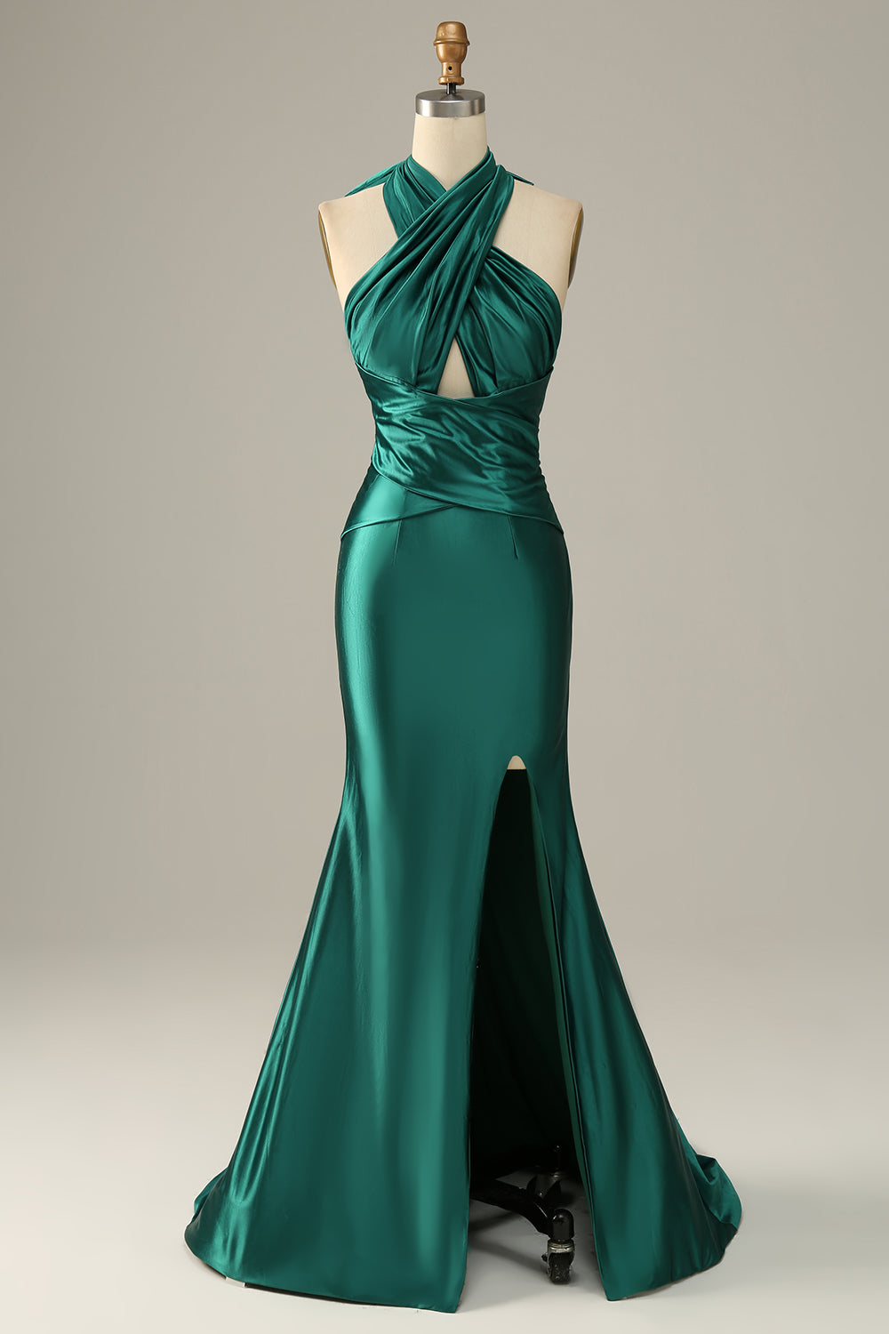 Dark Green Halter Lace Up Mermaid Prom Dress With Slit - Fashionpara