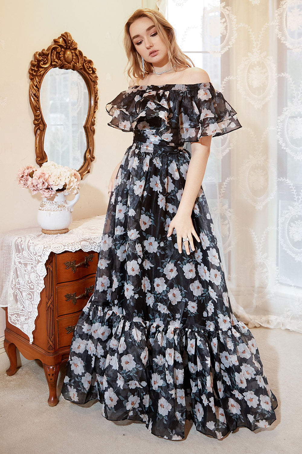 Black Print Off Shoulder Plus Size Prom Dress - Fashionpara