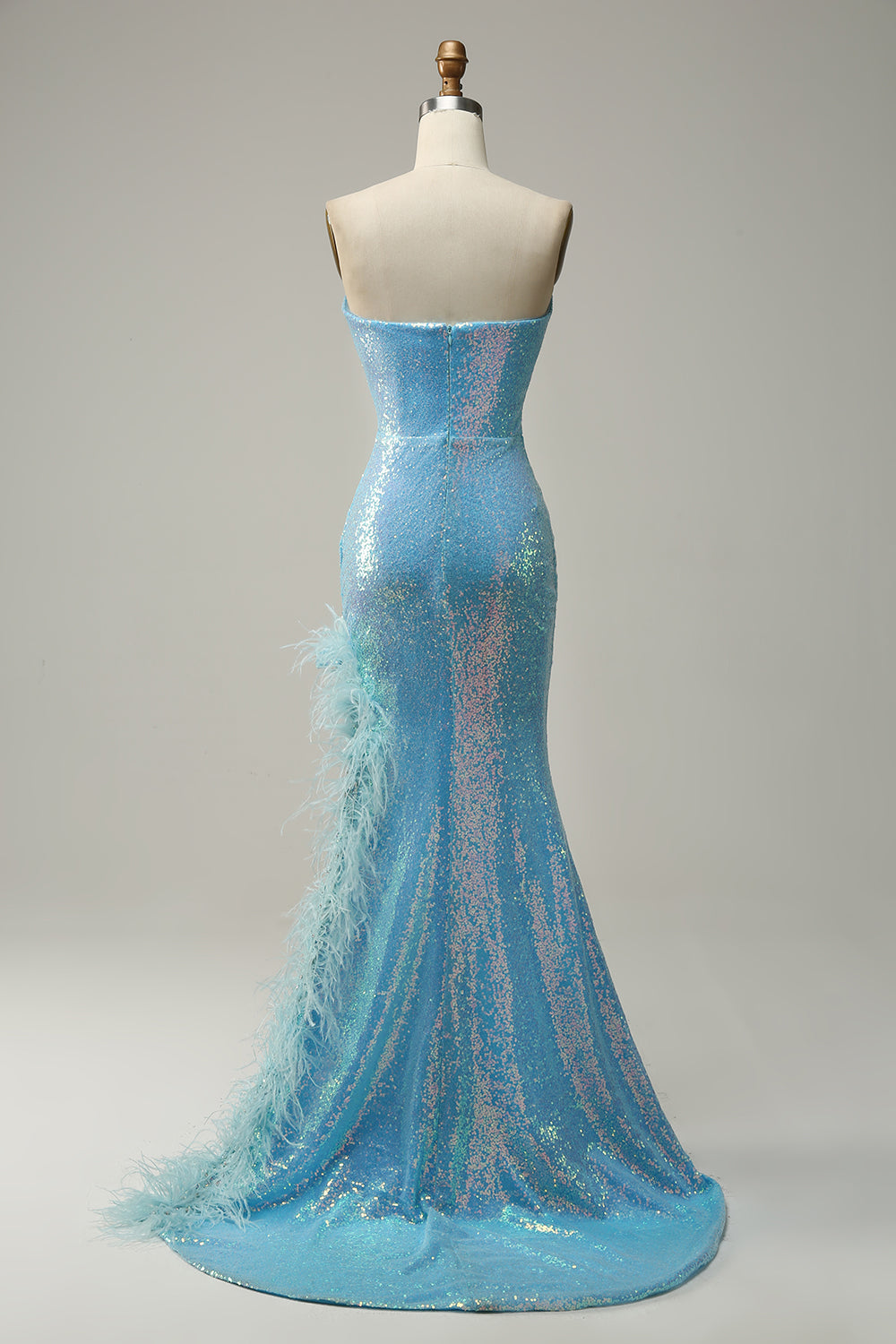 Blue Strapless Feather Prom Dress with Slit