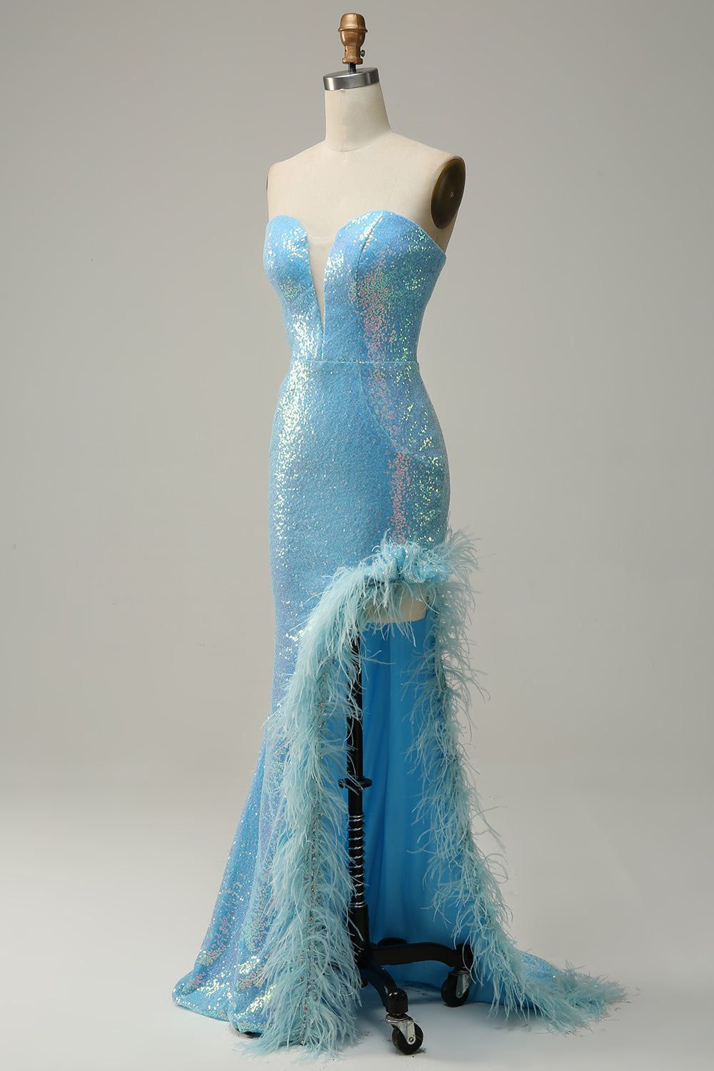Blue Strapless Feather Prom Dress with Slit