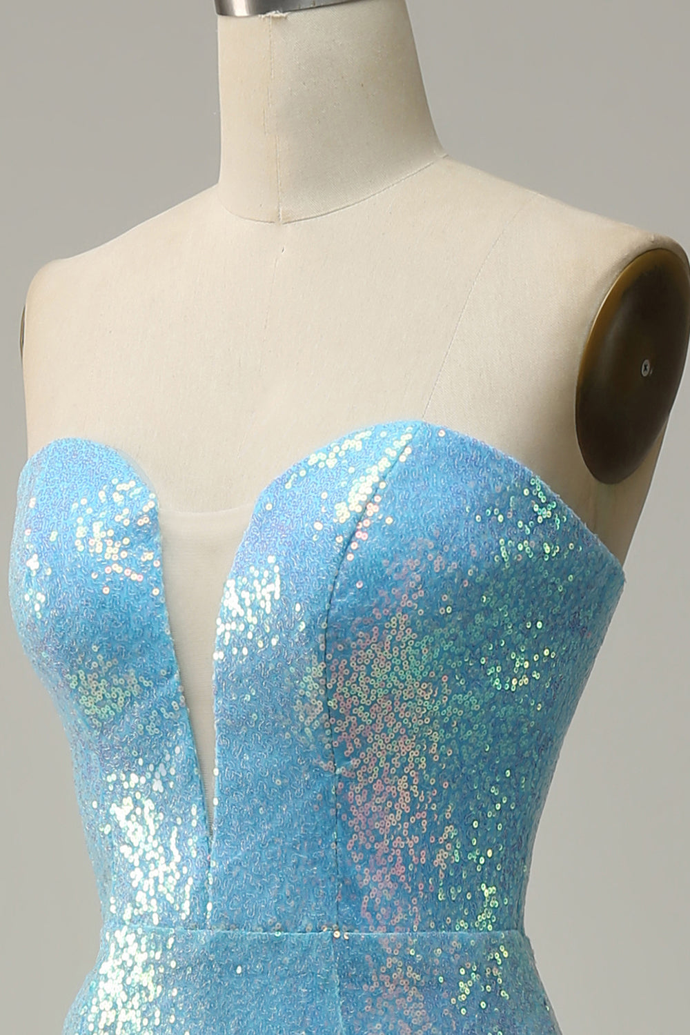 Blue Strapless Feather Prom Dress with Slit