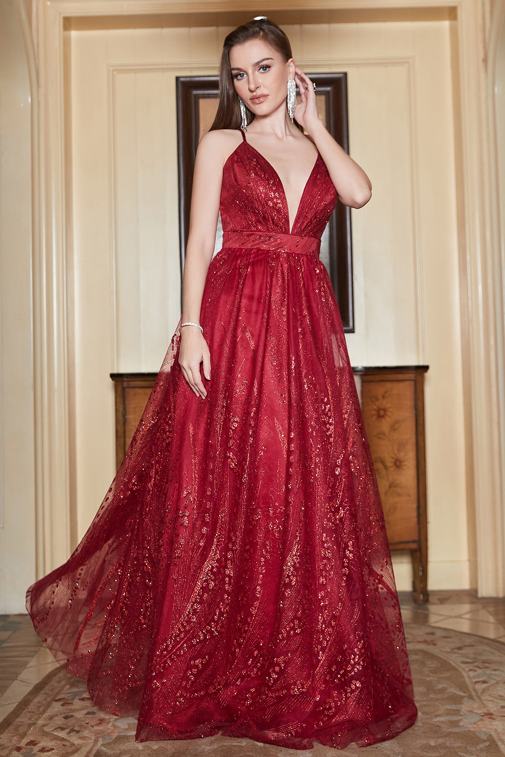 V neck Burgundy Tulle Sparkly Prom Dress