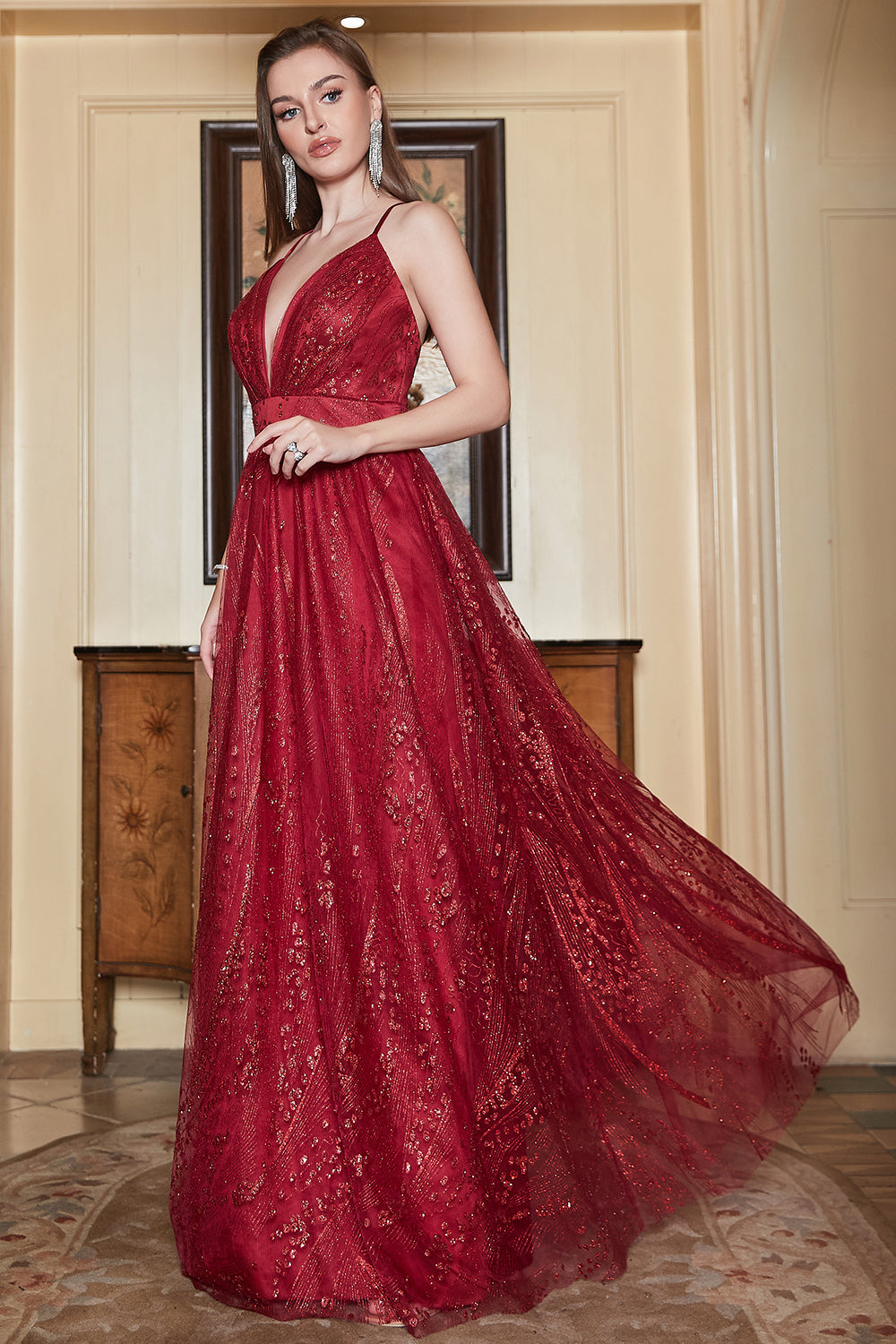 V neck Burgundy Tulle Sparkly Prom Dress