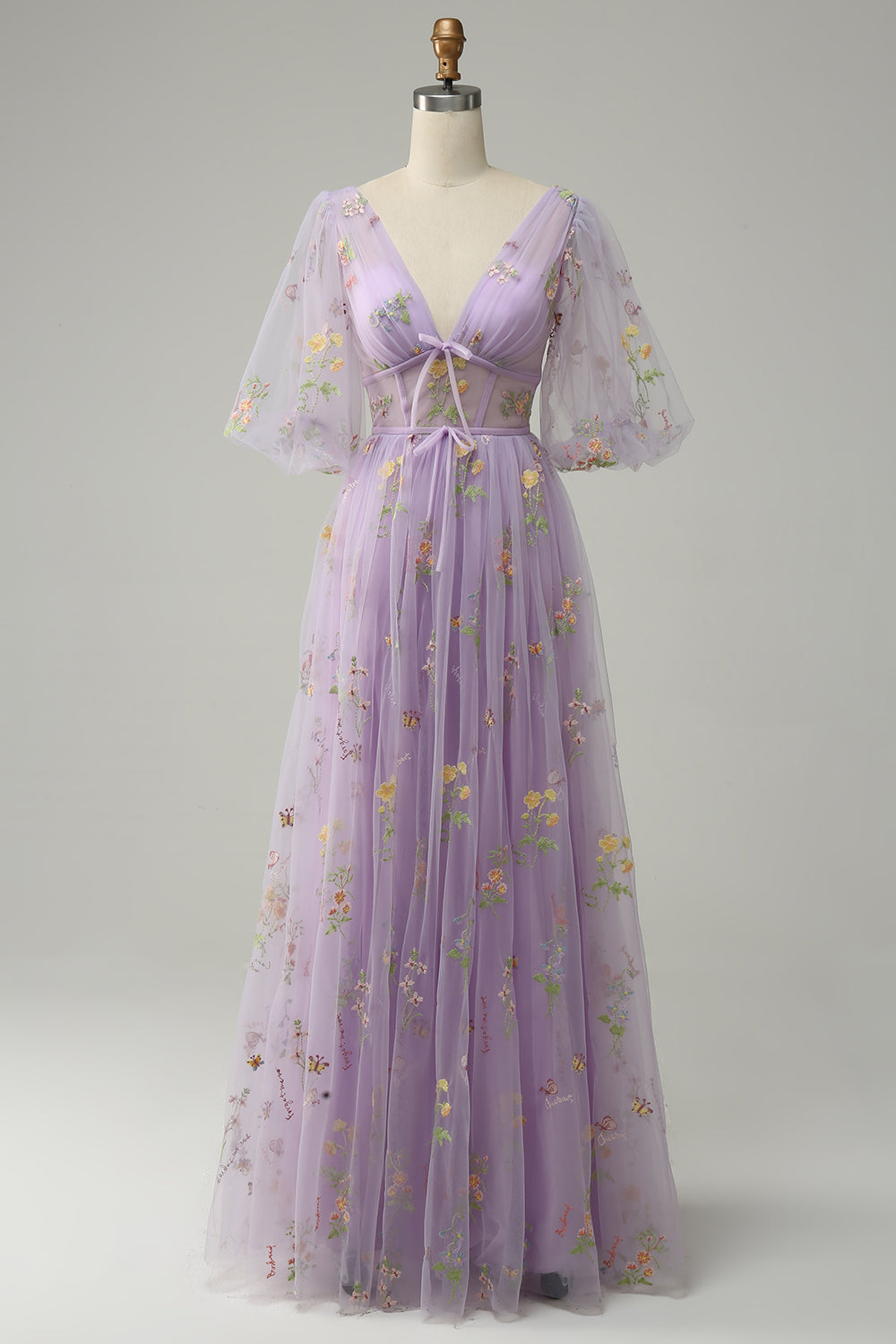 A-Line V-Neck Embroidery Lavender Long Prom Dress with Short Sleeves - Fashionpara