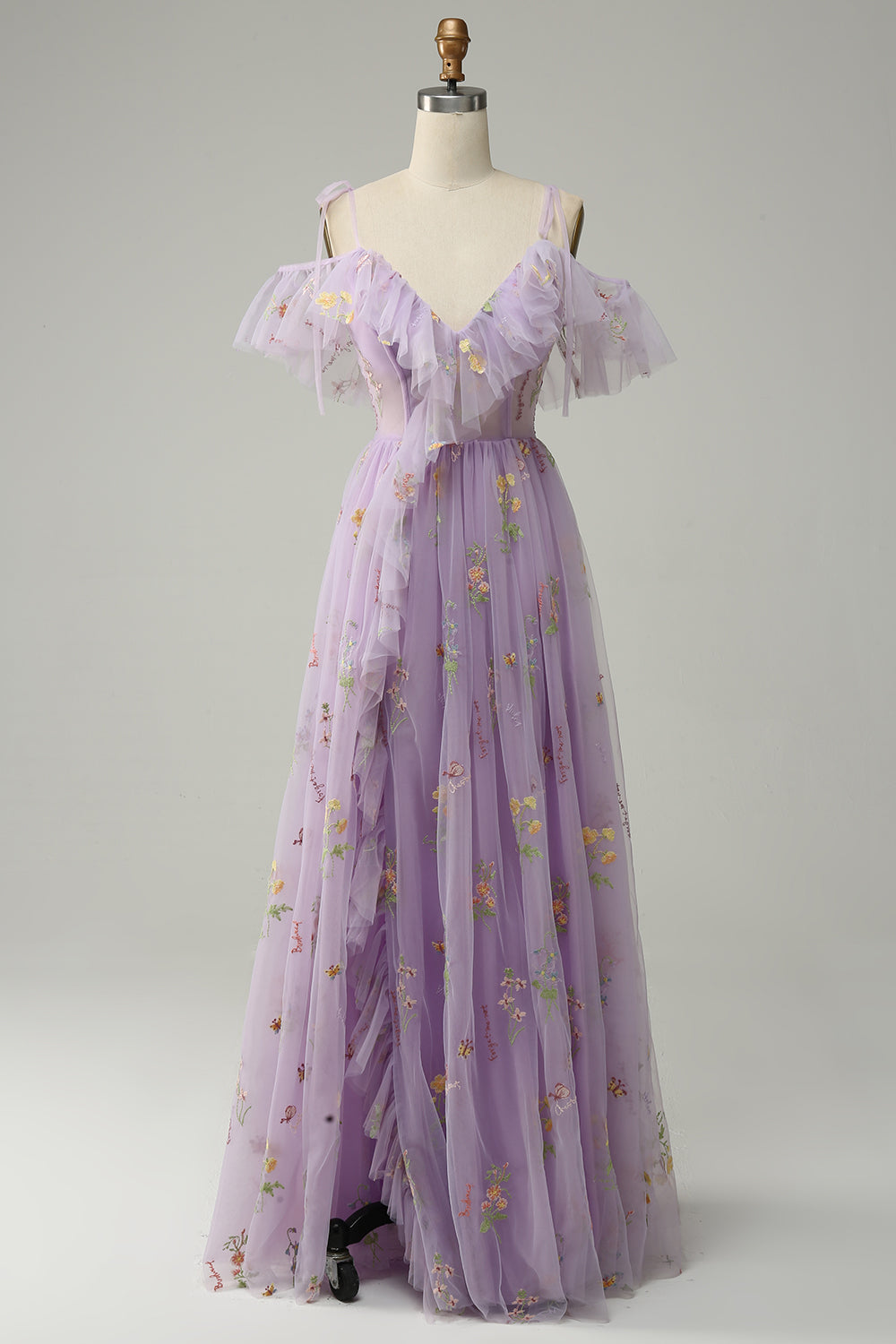 A-Line V-Neck Spaghetti Straps Embroidery Lavender Long Prom Dress with Slit - Fashionpara