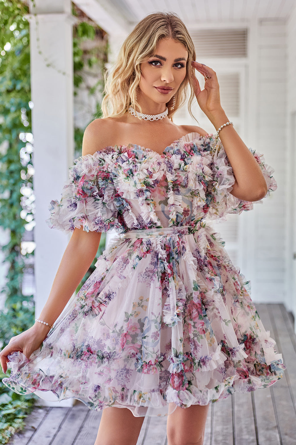 Ivory Red Flower Off The Shoulder Short Homecoming Dress