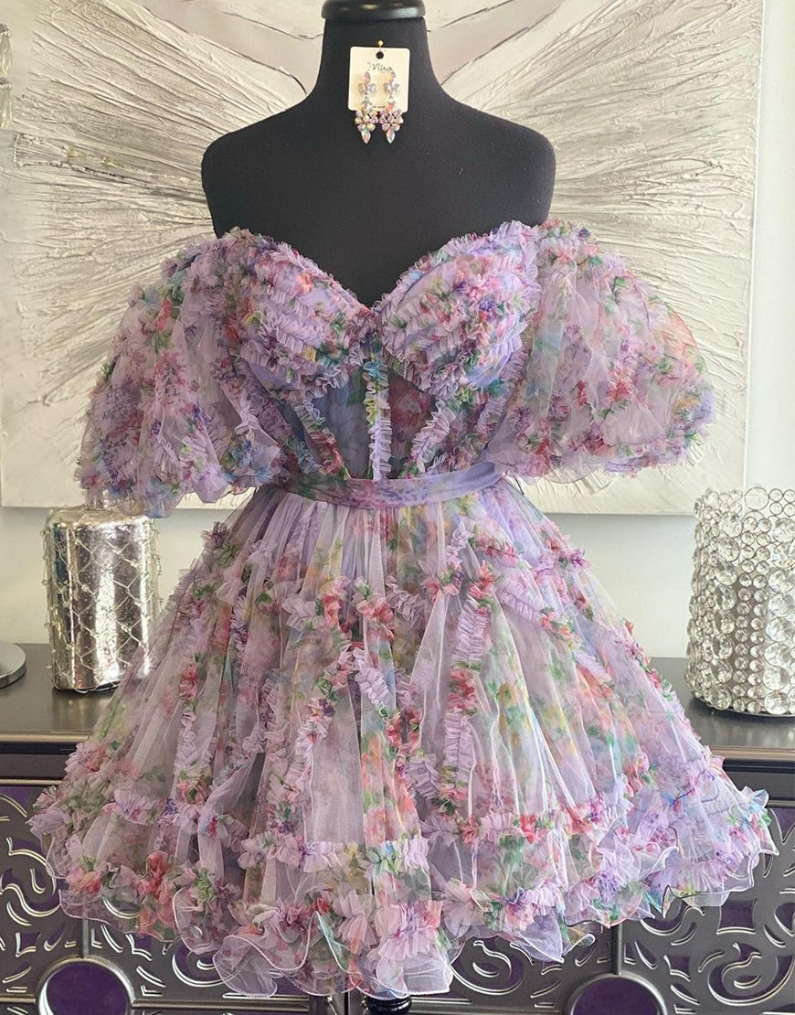 Pretty Cute Puff Sleeves A-Line Short Homecoming Party Dress - Fashionpara