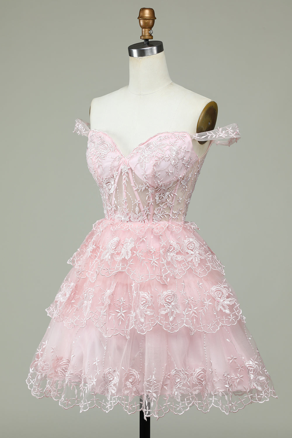 Pink Off the Shoulder Corset Homecoming Dress with Lace