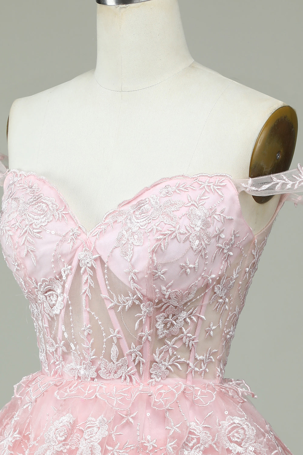 Pink Off the Shoulder Corset Homecoming Dress with Lace