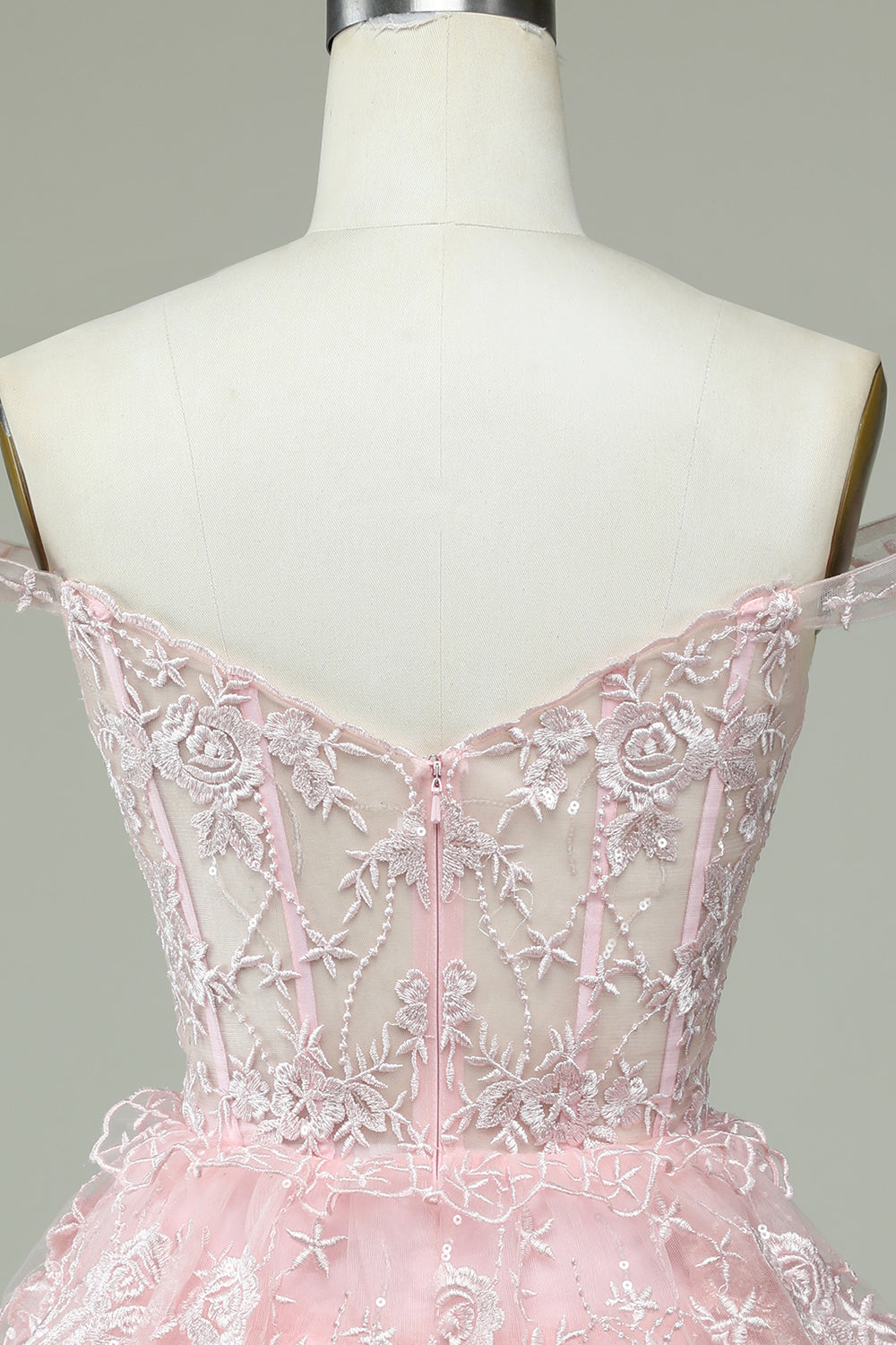 Pink Off the Shoulder Corset Homecoming Dress with Lace