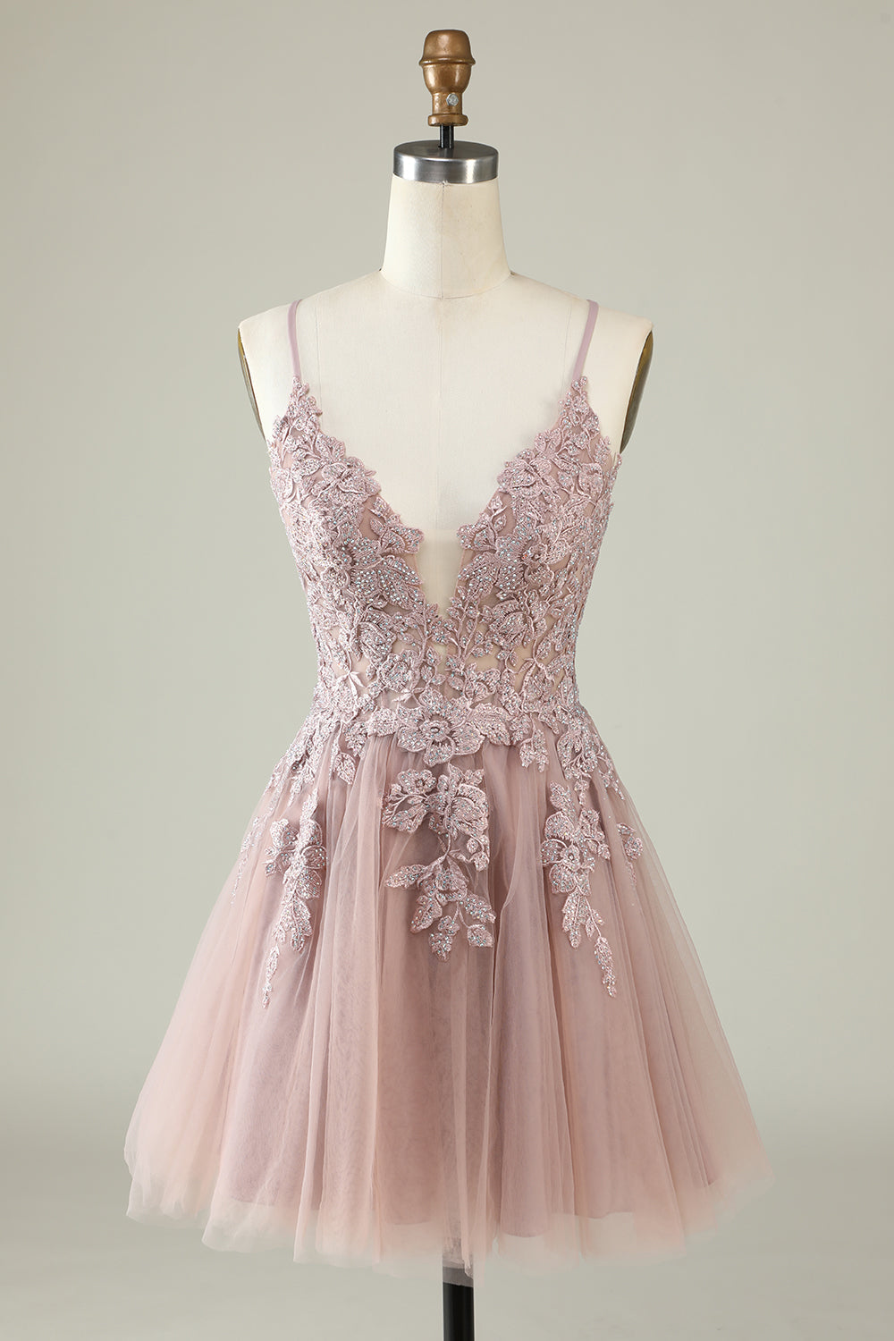 Spaghetti Straps Dark Green Short Tulle Homecoming Dress with Appliques