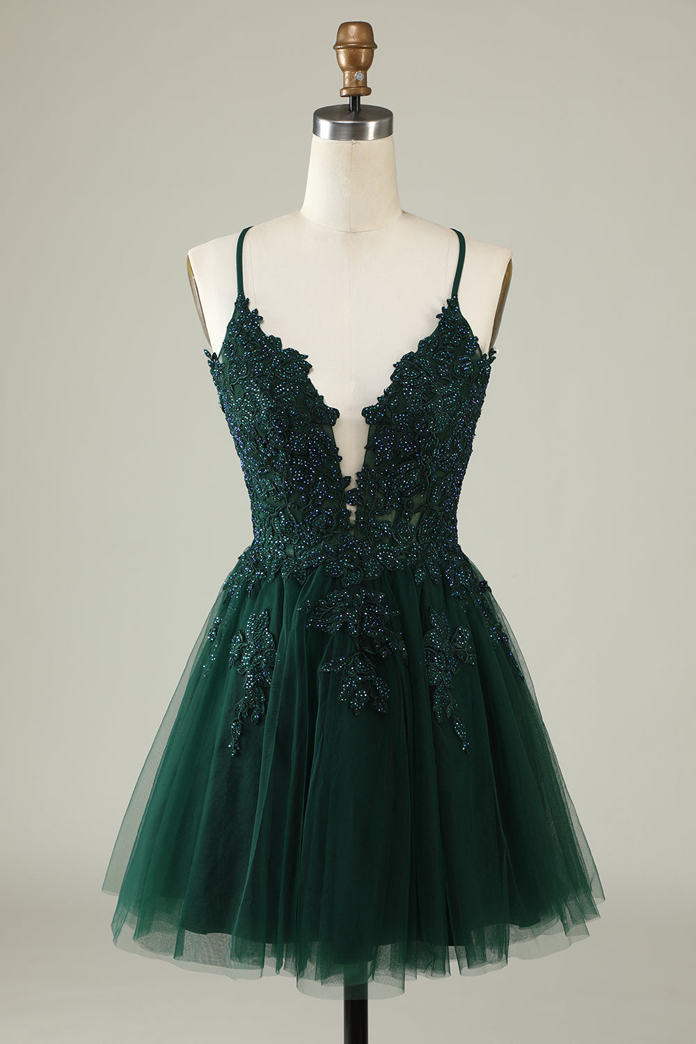 Spaghetti Straps Grey Blue Short Tulle Homecoming Dress with Appliques