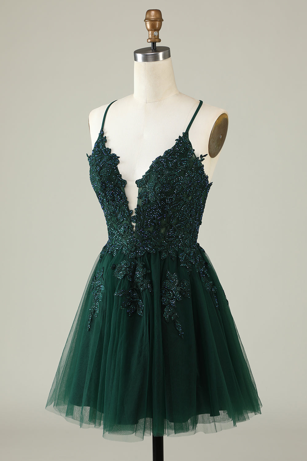 Spaghetti Straps Dark Green Short Tulle Homecoming Dress with Appliques