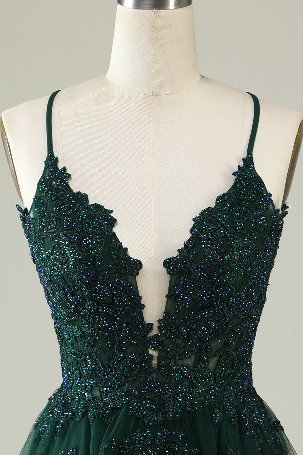 Spaghetti Straps Dark Green Short Tulle Homecoming Dress with Appliques