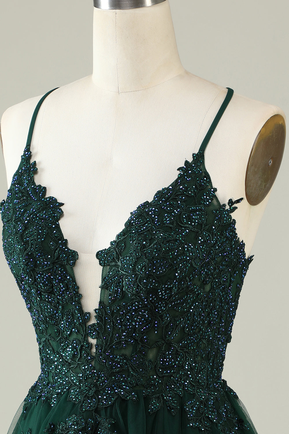 Spaghetti Straps Dark Green Short Tulle Homecoming Dress with Appliques